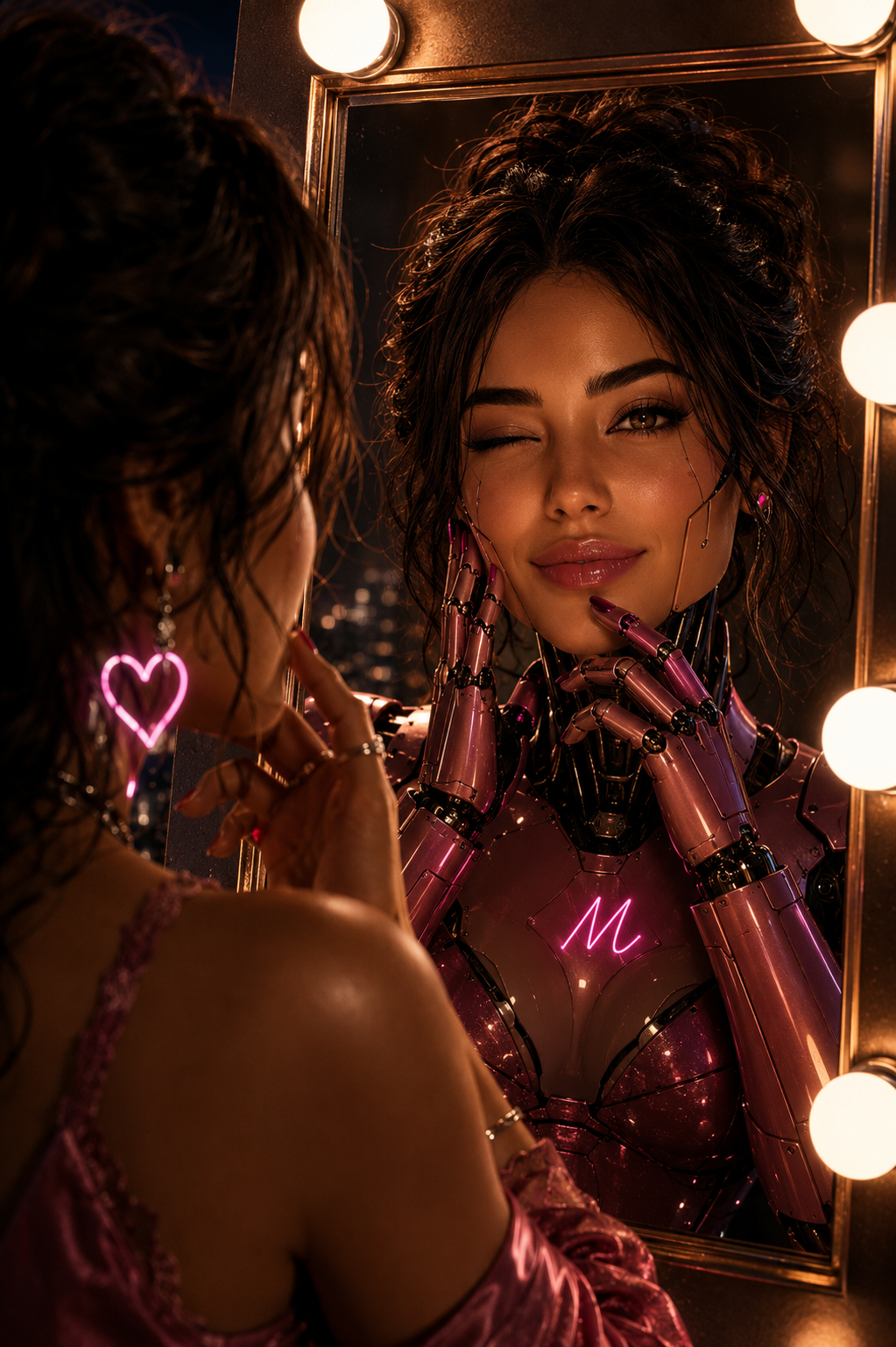 A woman wearing pink lingerie with a neon pink heart earring looking at her reflection in a mirror. The mirror has bright bulbs around its edges and shows her robot-like reflection with mechanical limbs and a glowing pink 'M' on her chest. She is touching her face and appears to be smiling.