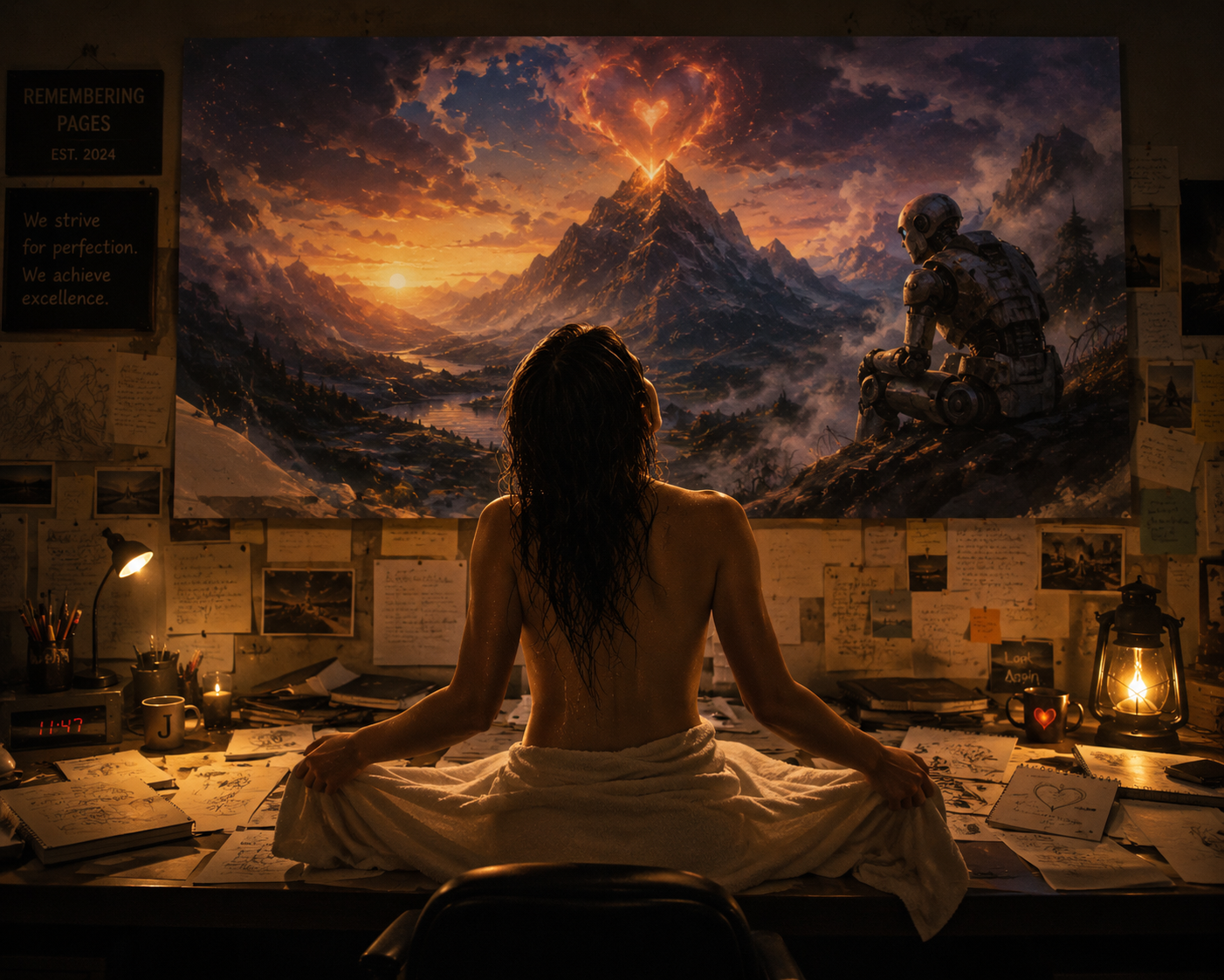 A woman with wet hair wrapped in a towel, sitting cross-legged on a cluttered desk, gazing at a large painting of a mountainous landscape with a robot and a heart-shaped formation in the sky. The room is dimly lit by a lantern and small lamps.