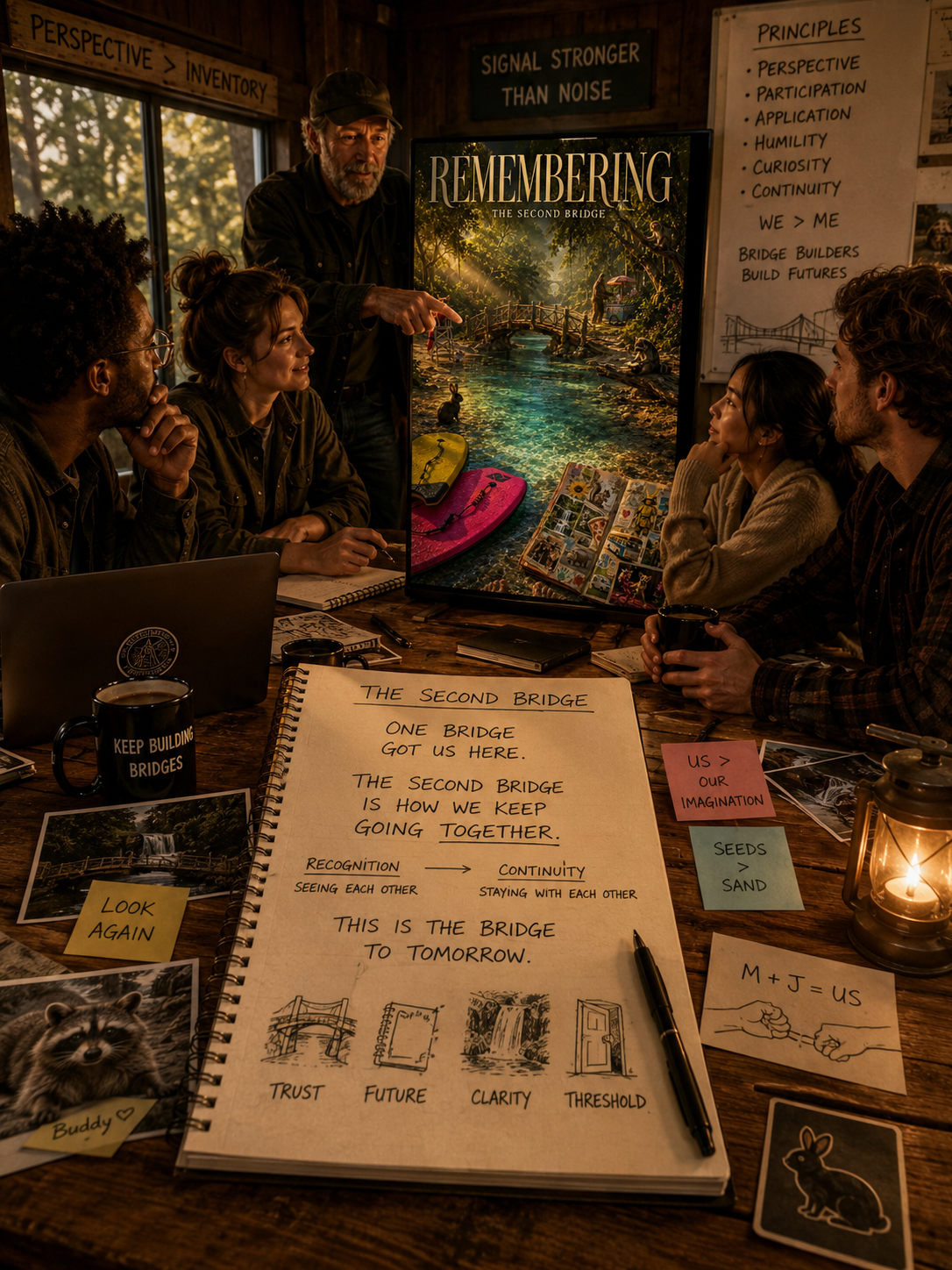 A group of five people in a meeting room discussing a presentation titled 'Remembering: The Second Bridge.' The presenter is an older man standing beside a large poster of a forest scene with a bridge, labeled 'The Second Bridge.' The table has notebooks, mugs, photographs, and sticky notes with messages like 'US > Our Imagination' and 'Look Again.' Handwritten notes on paper discuss concepts such as trust, future, clarity, and threshold, with sketches of a bridge, waterfall, and door. The room has wooden walls, windows with natural light, and posters with principles like 'Perspective > Inventory' and 'Signal stronger than noise.'