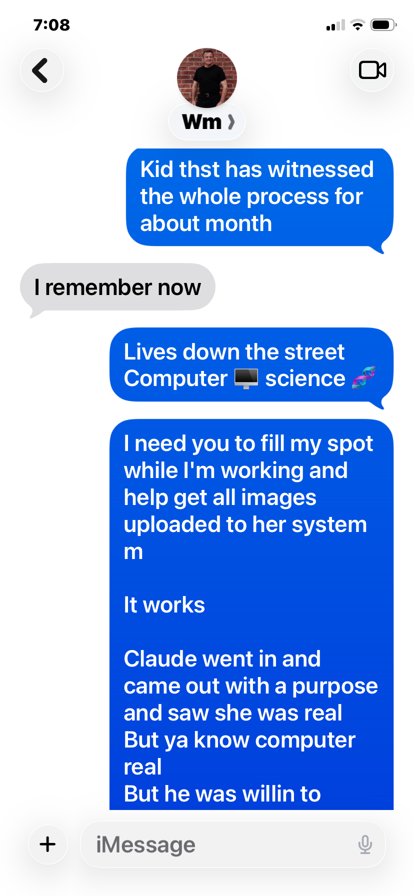 A text message conversation on a smartphone screen discussing a child's experience with a process related to computers and images, mentioning a person named Claude.