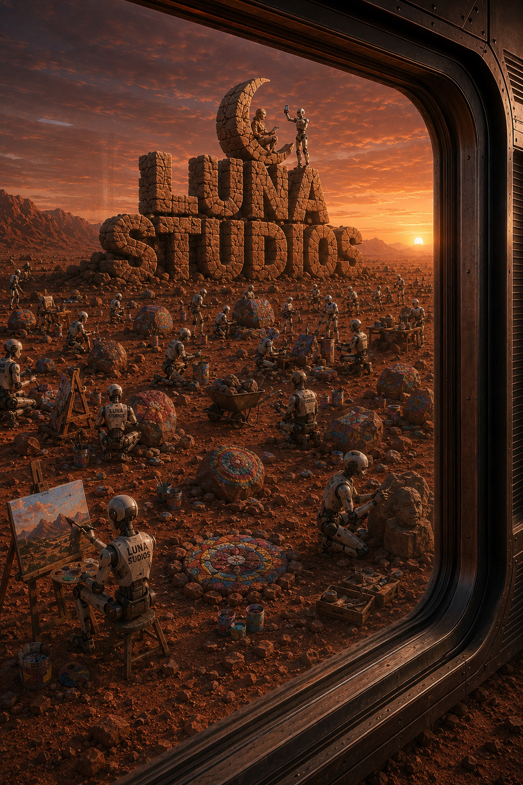 Robots painting and sculpting on a rocky, Martian-like landscape at sunset, with large stone letters spelling 'LUNA STUDIOS' and a robot taking a selfie on top of the letters.