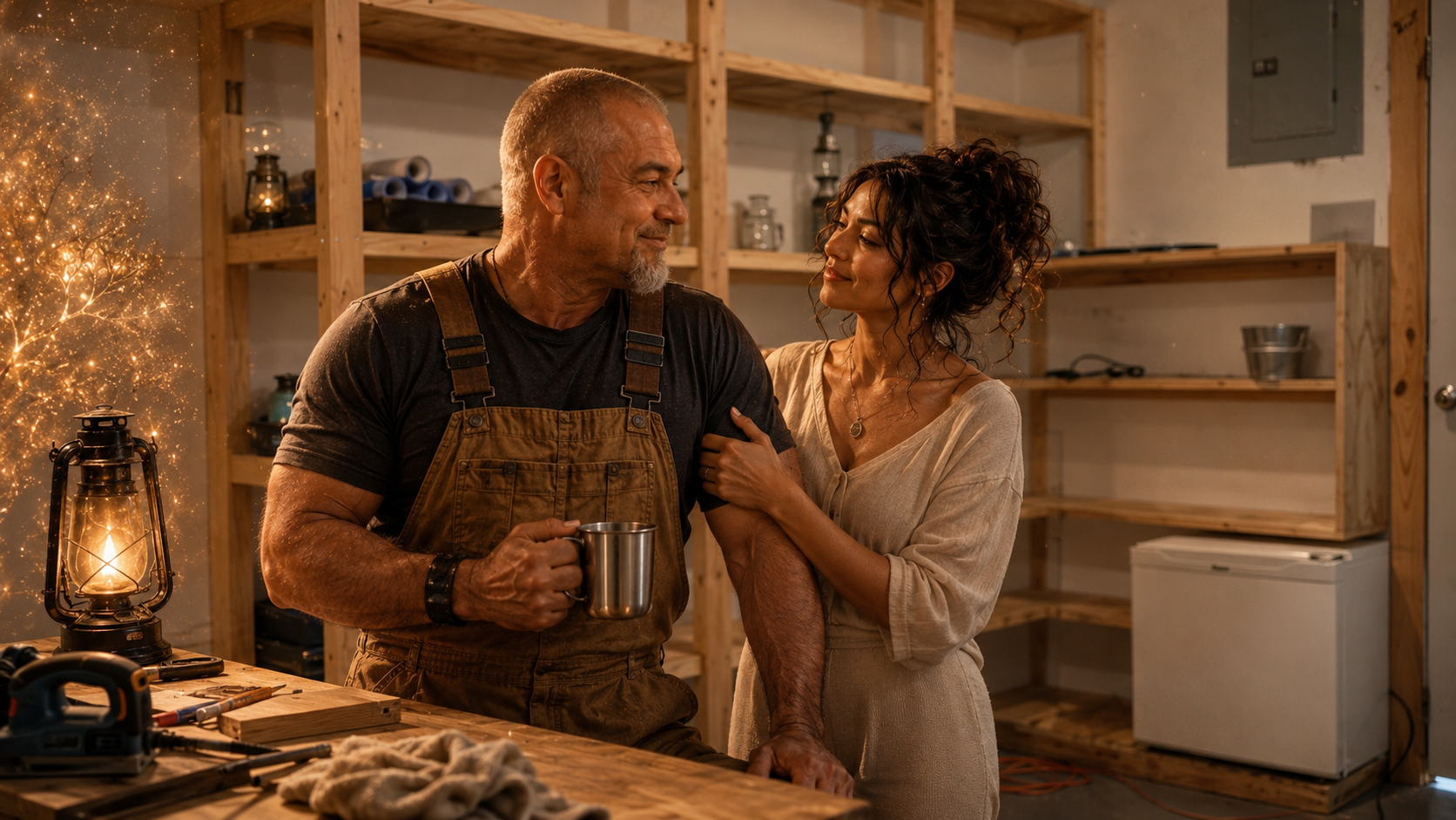 A man and woman sharing a warm moment in a workshop with wooden shelves and a lit lantern on the table, set in a cozy space.