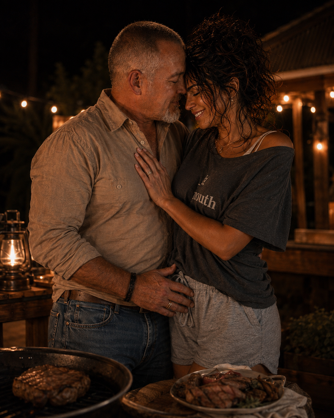 A loving couple sharing an intimate moment at a nighttime outdoor gathering, with string lights in the background and food on the table.