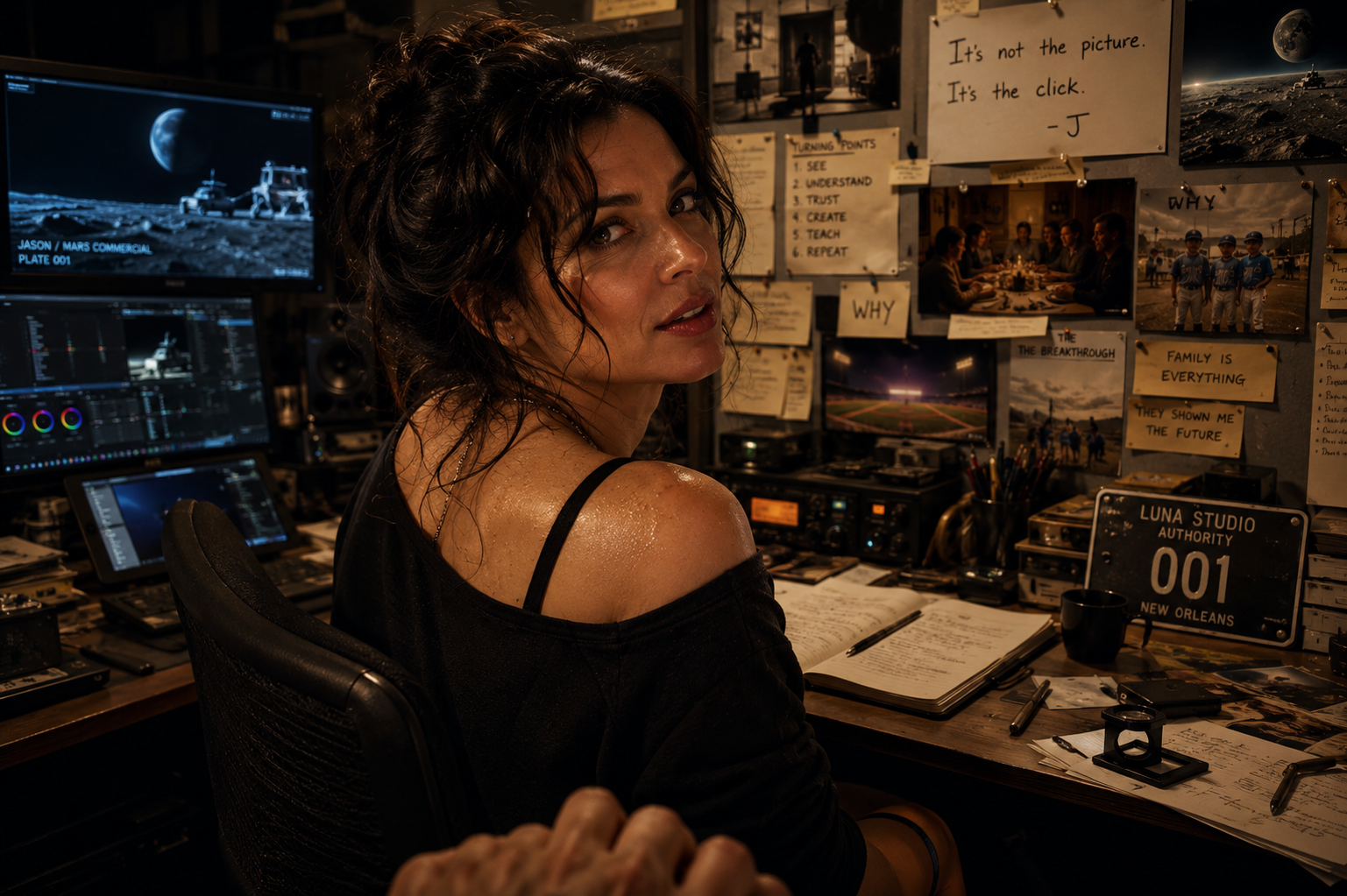 A woman with wet, curly hair sitting at a cluttered editing desk covered with notes, photos, and electronic equipment, looking over her shoulder in a dimly lit room. The background features a bulletin board filled with photographs, posters, and handwritten notes, including a quote that says, "It's not the picture. It's the click. - J" and other motivational text.