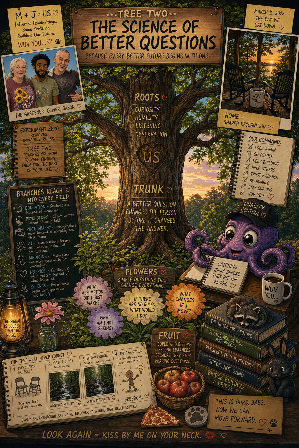 A detailed infographic titled "Tree Two: The Science of Better Questions" features a large tree with roots labeled "Curiosity, Humility, Listening, Observation" and a trunk with the quote "A better question changes the person before it changes the answer." It includes photos of two people, a garden scene at sunset with a mug that says "WUV YOU," various notes with motivational messages, a raccoon, and a cute purple octopus character, surrounded by flowers, books, and a pizza slice. There are sections explaining the importance of asking better questions, reaching every field, and a memory test with chairs and rules. The overall theme emphasizes curiosity, growth, and discovering better questions for a brighter future.