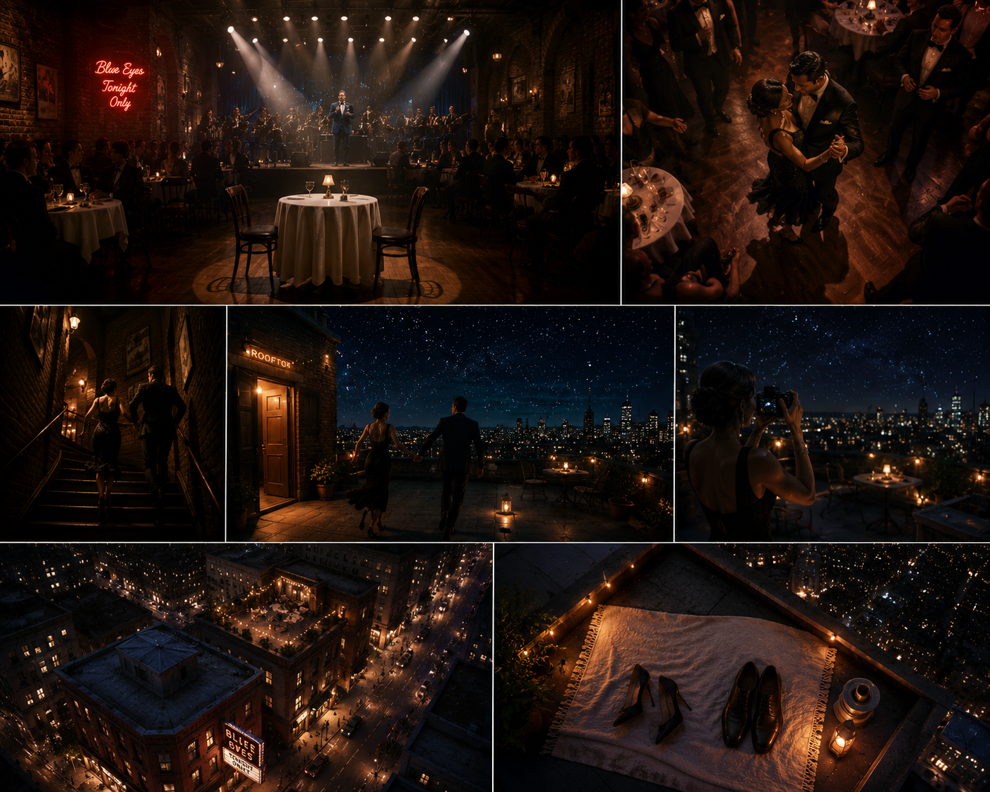 A collage of nighttime scenes including a live jazz performance in a dimly lit restaurant, couples dancing, and a romantic rooftop view of New York City with a starry sky and city lights, along with a close-up of shoes and a camera on a rooftop.