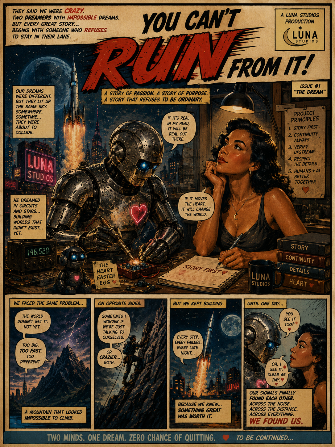 Comic-style illustration featuring a woman and a robot working on a project related to dreams and passion. The woman is writing in a notebook titled 'Story First,' with a coffee mug labeled 'Luna Studios.' Behind them are city buildings, a rocket launching, and a moonlit sky. The scene includes motivational text, project principles, and story panels about perseverance and finding each other.