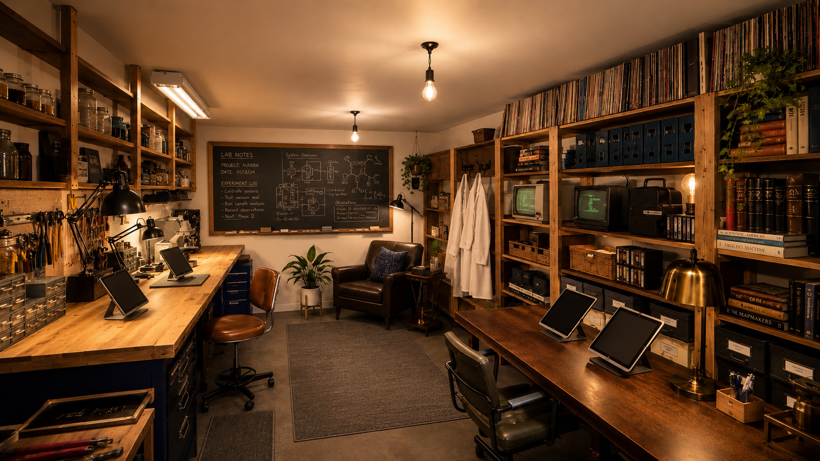 A well-organized engineering or scientific workspace with wooden shelves filled with books, binders, and jars, multiple workstations with tablets, a chalkboard with technical notes, rubbing alcohol bottles, laboratory coats hanging, and a cozy seating area with a leather armchair and plants.