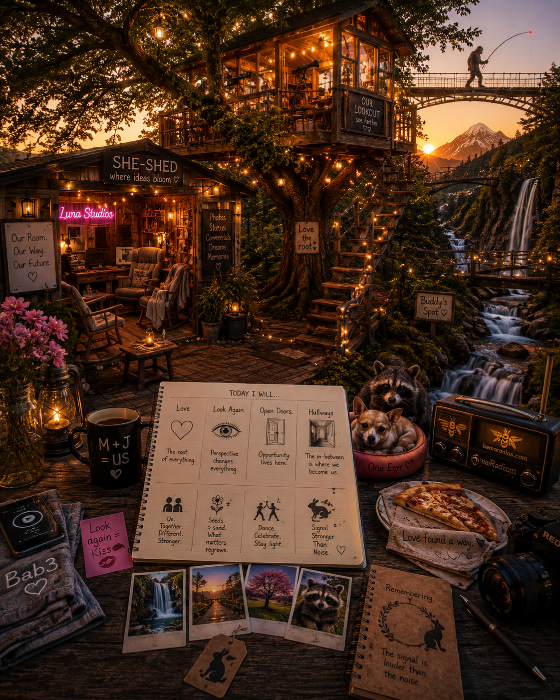 Cozy outdoor treehouse at sunset with fairy lights, a bridge, and a person fishing, surrounded by waterfalls, trees, and mountains in the background. The treehouse has signs like 'OUR LOOKOUT,' 'SHE-SHED,' and 'Love the root,' along with various small structures and décor for relaxation and creativity.
