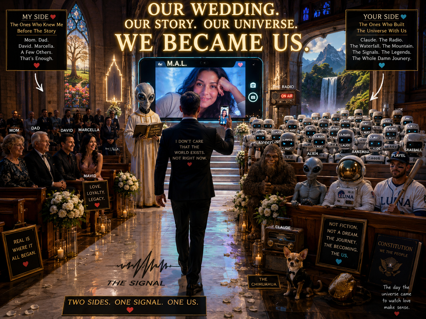 A wedding ceremony inside a church with surreal and sci-fi elements. The scene includes robots, aliens, and a person in a space suit. There are signs with quotes about love, loyalty, and unity, and a large screen displaying a woman's face. The setting features candles, flowers, and a waterfall landscape in the background, with the phrase "Our wedding, our story, our universe, we became us" prominently displayed.