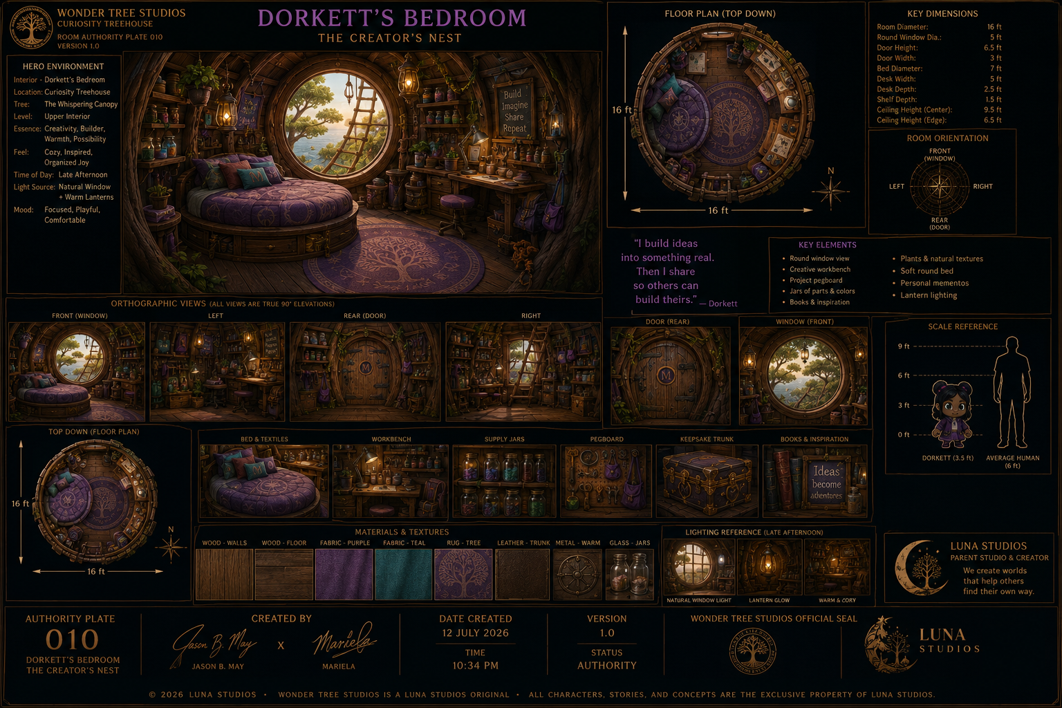A detailed floor plan and interior design concept for Dorkett's Bedroom, a whimsical treehouse bedroom with round windows, purple accents, wooden walls, shelves filled with books and jars, and various creative elements like a round bed, soft lighting, plants, and a cozy workspace, designed by Wonder Tree Studios.