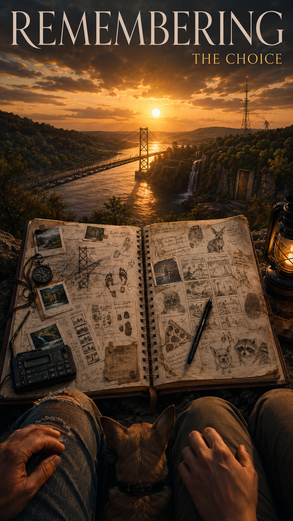 A view at sunset with a bridge over a river, surrounded by hills, and a radio tower. In the foreground, an open journal with sketches, photos, and notes is on a rocky surface next to a lantern, a walkie-talkie, and a small dog sitting between two people.