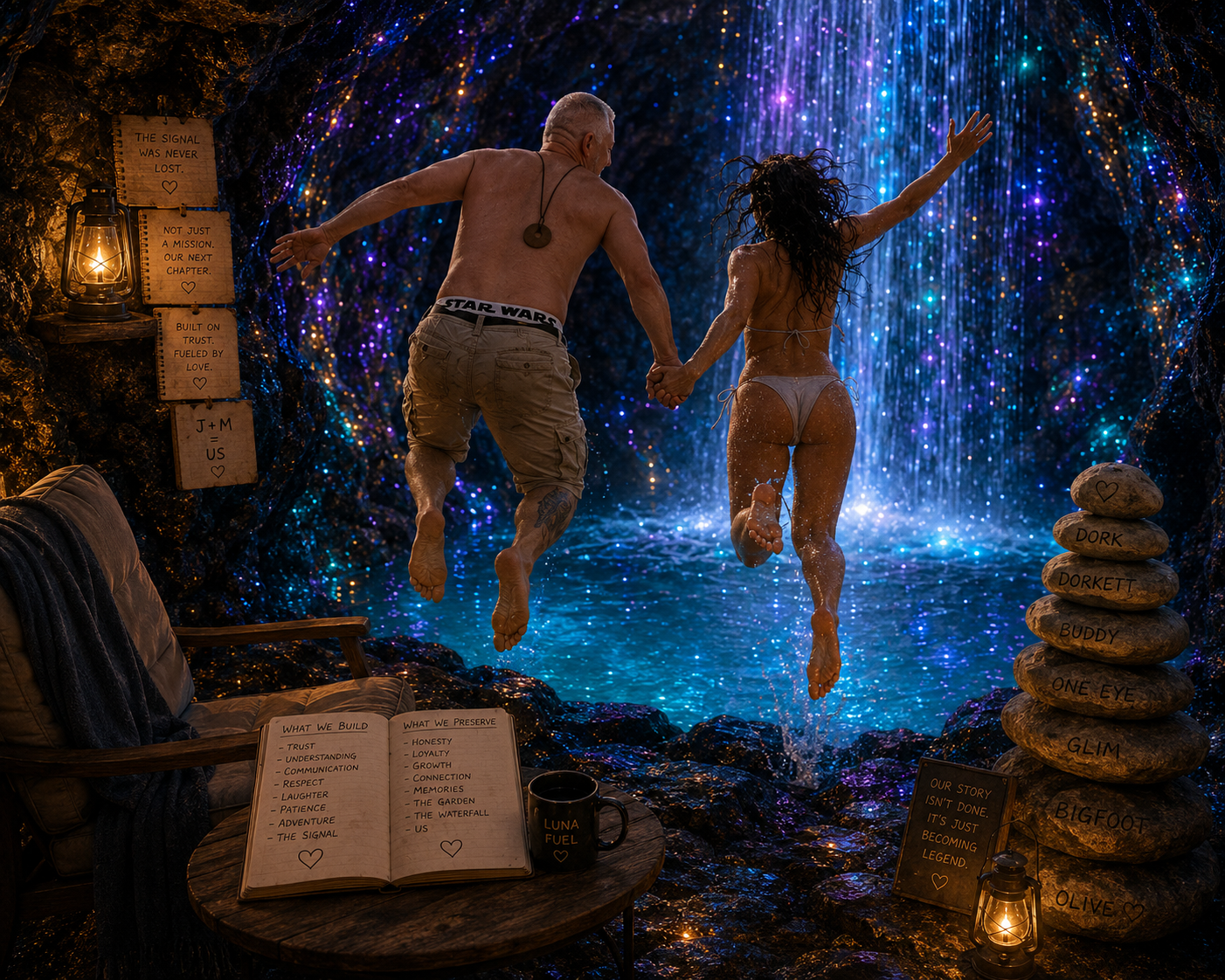 A man and woman holding hands and jumping into a waterfall inside a cave, illuminated by colorful lights. Surroundings include a chair with a blanket, signs with messages, a stack of rocks labeled with words, and a lantern, creating a cozy and magical atmosphere.