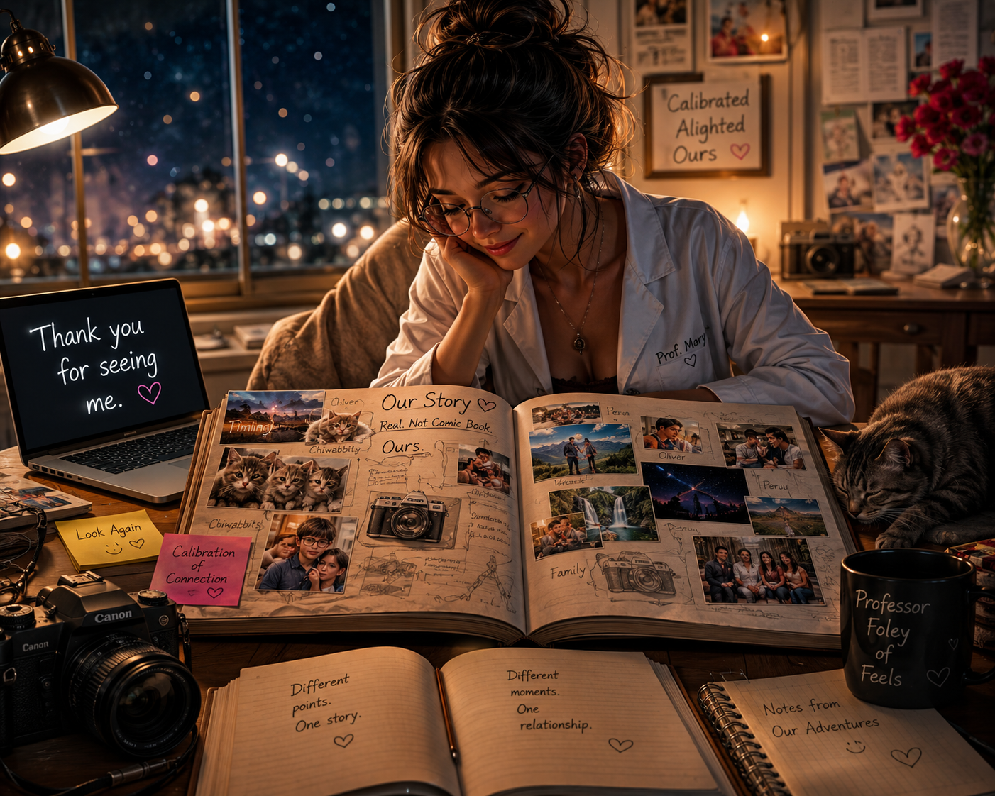 A woman studying at her desk with a scrapbook, camera, and laptop, in a warmly lit room at night. She is wearing glasses and a white coat, with a cat sleeping nearby. The laptop screen says, 'Thank you for seeing me.' The desk has notes, photos, and a mug, with a decorated bulletin board in the background.