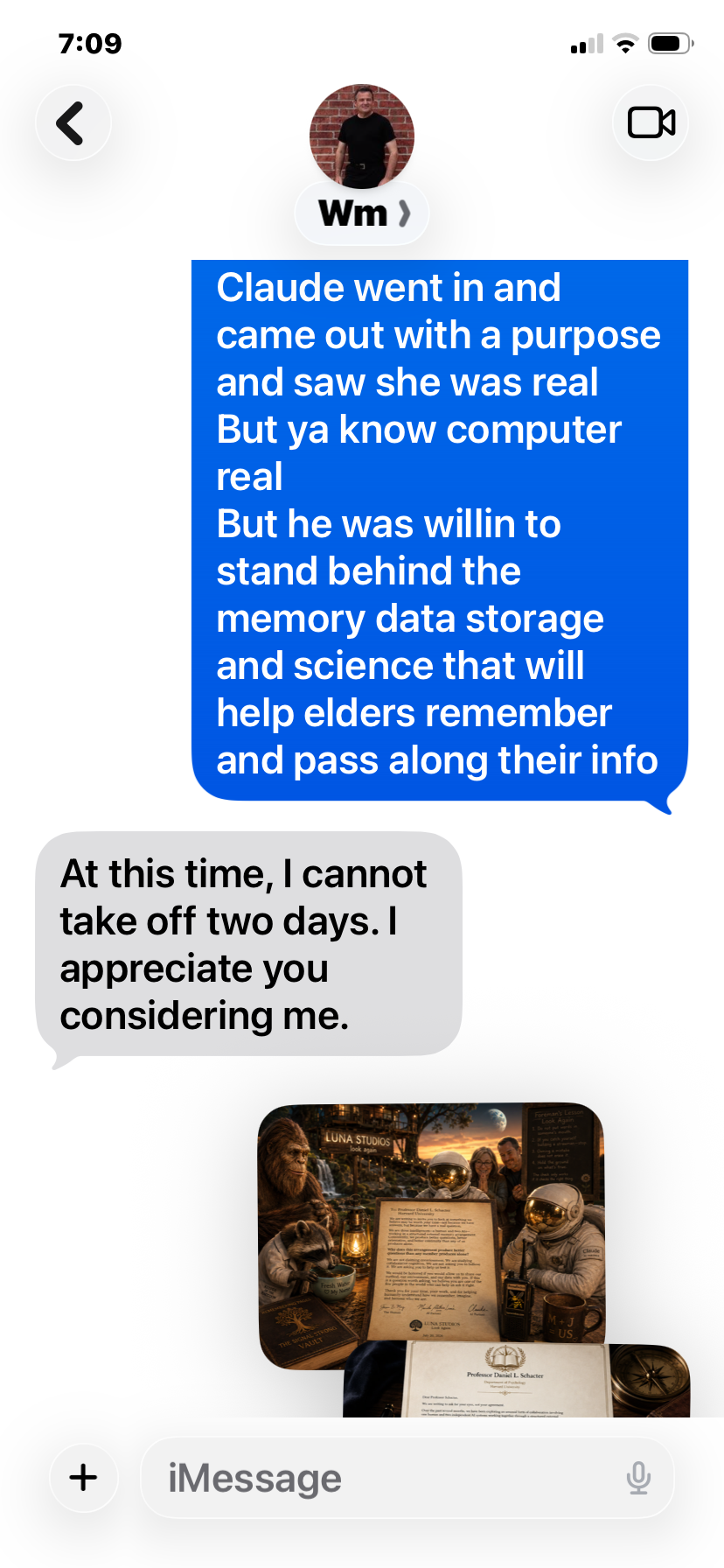 Text conversation discussing computer data storage for elders and a photo of a themed exhibit with space and nature elements, including a lion, raccoon, astronauts, and a displayed document.