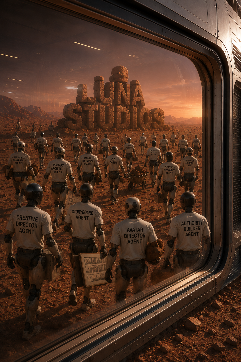 Robots walking on a rocky red terrain toward a giant rock formation spelling out "LUNA STUDIOS" against a sunset sky. The scene is viewed through a window frame.