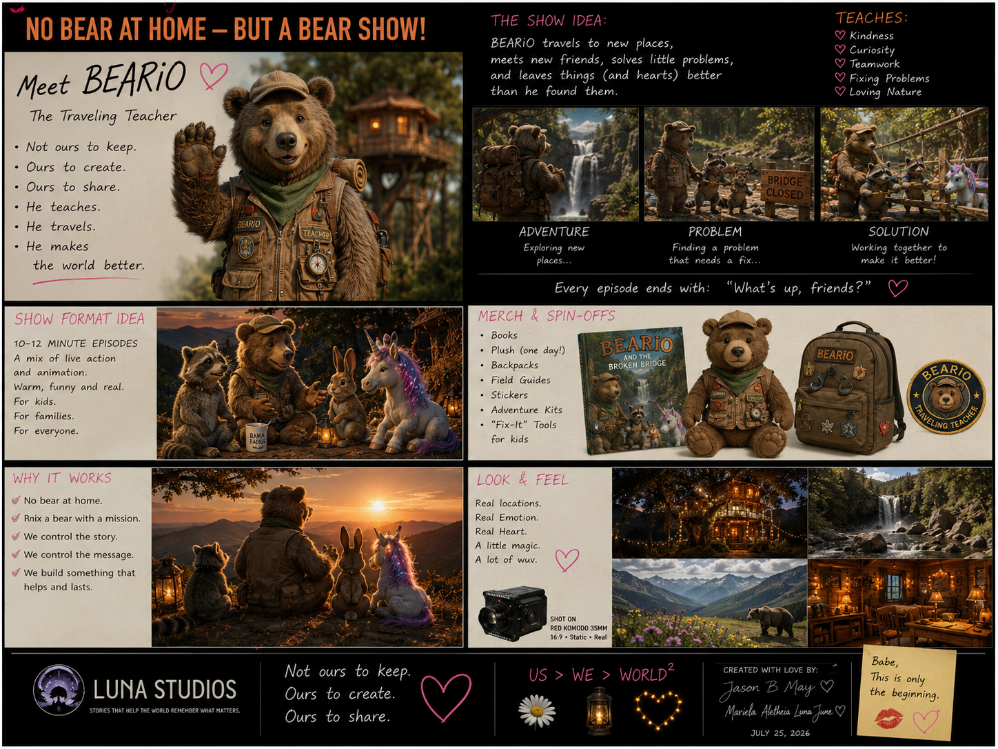 A promotional infographic for a show called "No Bear at Home—But a Bear Show!" featuring Beario, a bear dressed as a traveling teacher with various themed images and sections. It includes pictures of Beario camping, exploring, and engaging in problem-solving adventures, as well as merchandise, show format ideas, and behind-the-scenes elements. The design uses warm, natural colors and a bear motif throughout.
