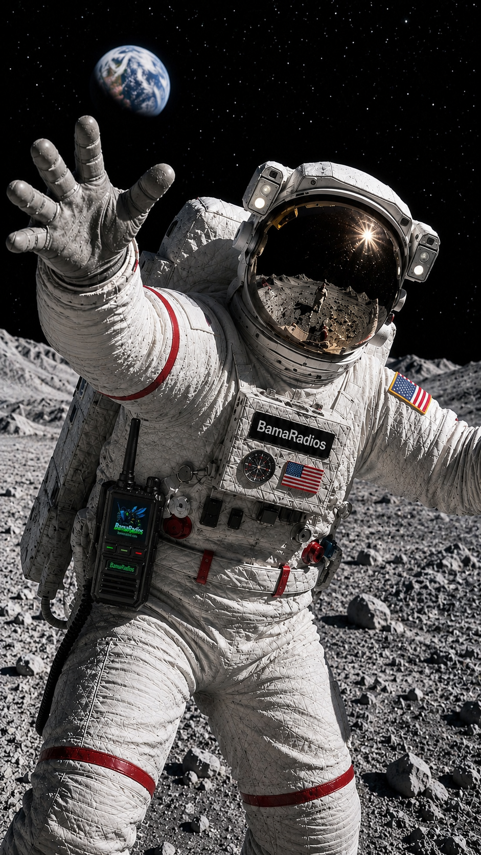 An astronaut in a white spacesuit is on the moon's surface, making a peace sign with one hand. Earth is visible in the background, and the astronaut's visor reflects the lunar landscape and a bright light source.