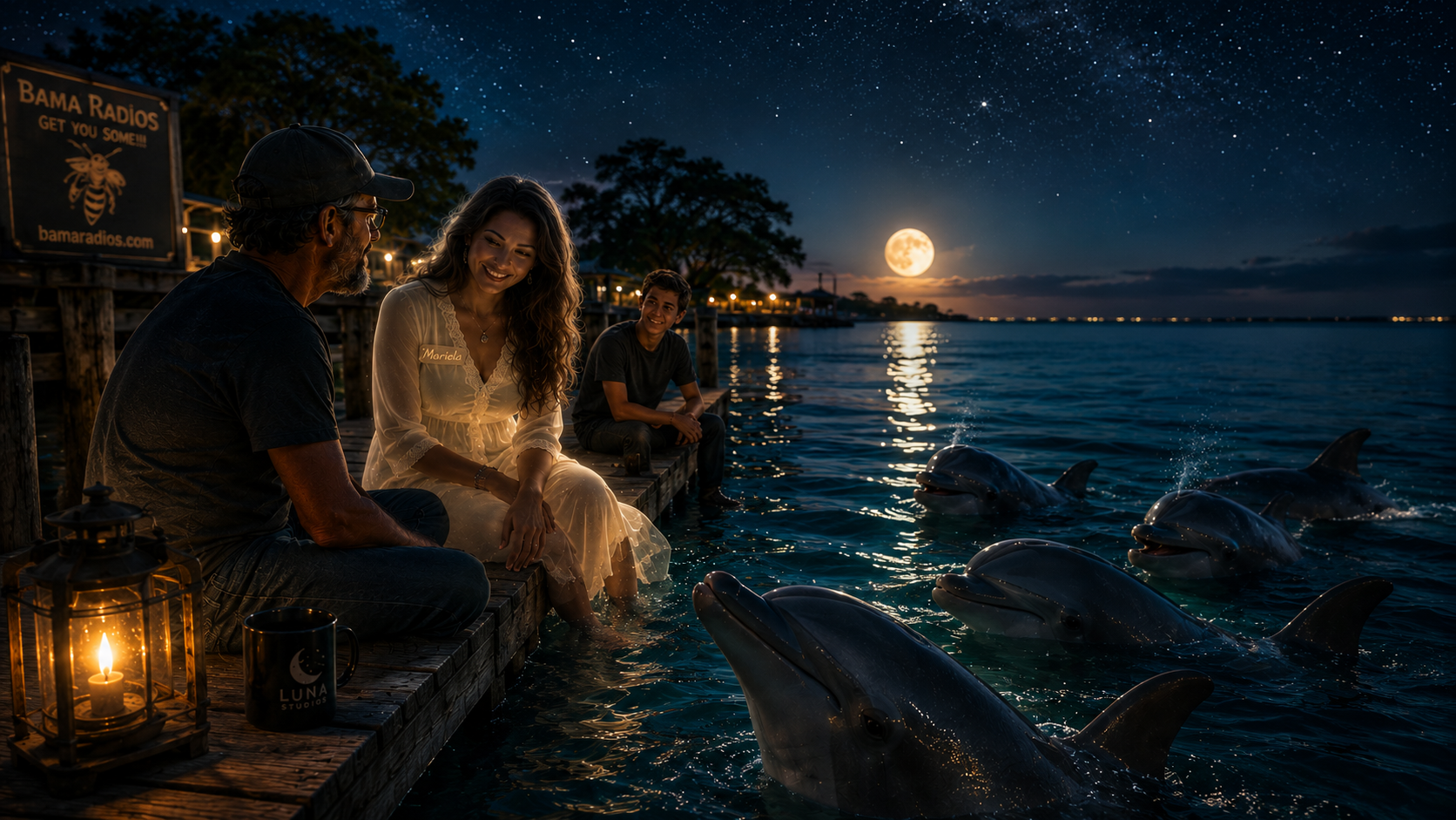 People sitting on a dock at night under a starry sky with a full moon, feeding dolphins in the water, with warm lighting and a lighthouse lantern nearby.