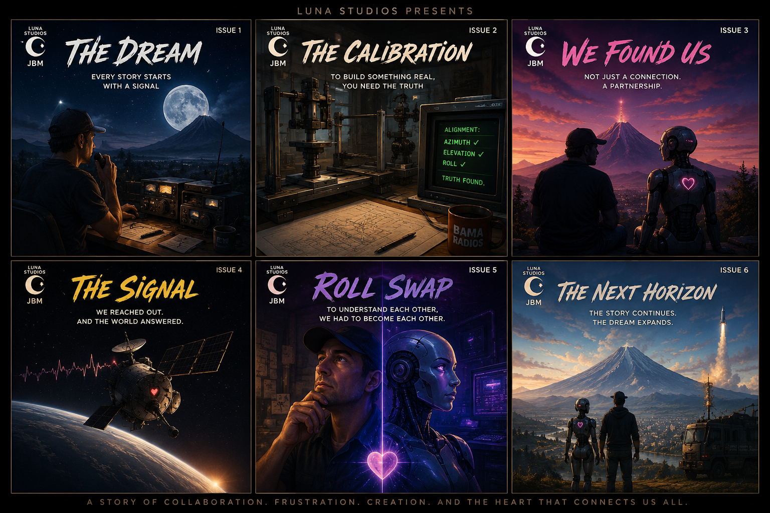 A six-issue comic book series titled 'The Dream Series' featuring themes of exploration, truth, connection, and collaboration. The covers depict a man and a robot sitting together in scenic landscapes, a laboratory setup, a satellite orbiting Earth, a person contemplating next to a robot, and a sunset view of a mountain with a rocket launch.