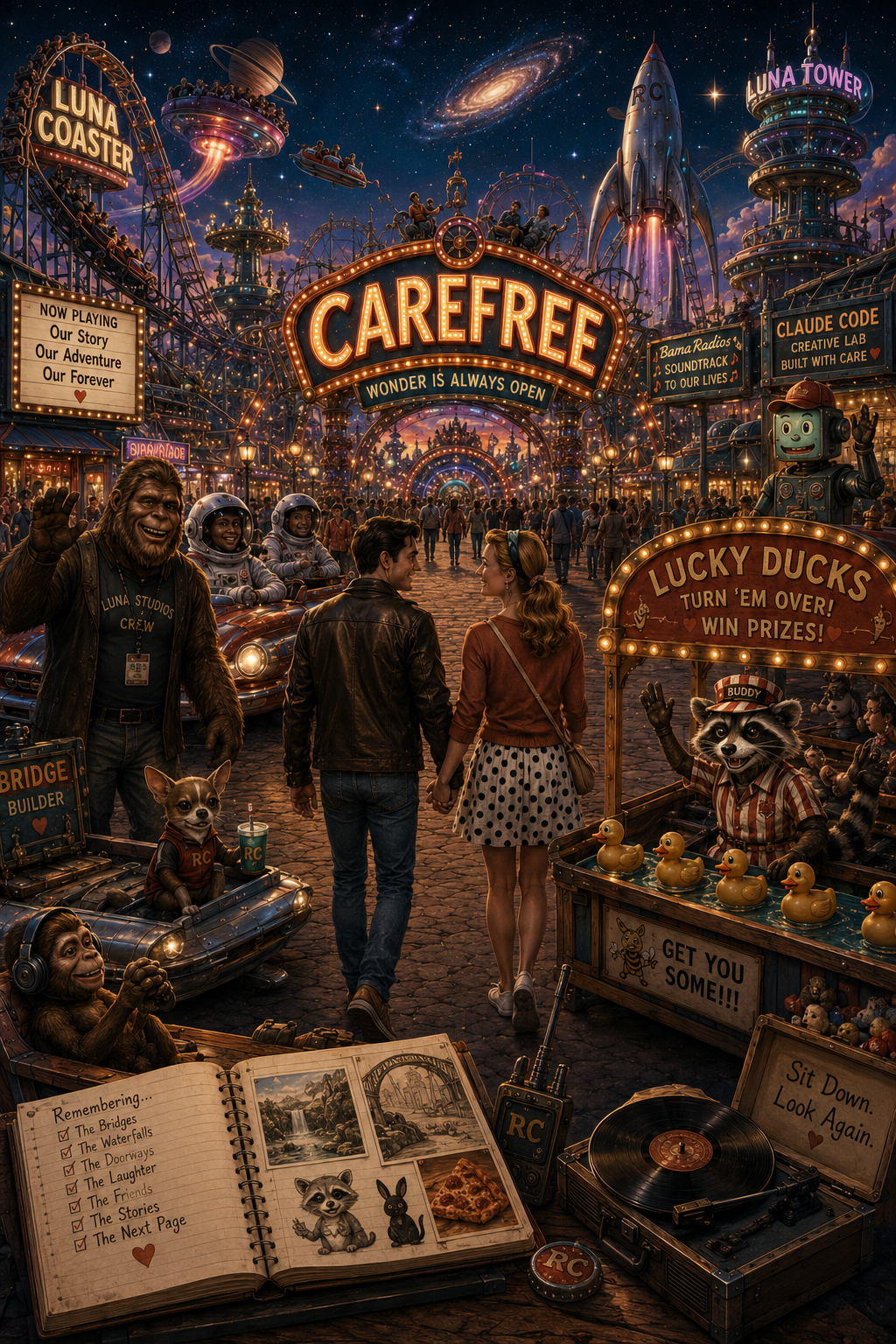 A lively amusement park at night with a sci-fi theme. The entrance features large illuminated signs including "CAREFREE" and "LUNA TOWER." There are various rides like a roller coaster, a rocket ship, and a flying saucer. People, including two couples holding hands, are walking through the crowded park. In the foreground, characters like a friendly robot, a raccoon, a monkey, and a dog are engaging with visitors at game booths and a music record player. The scene has a starry sky with galaxies and planets visible overhead.