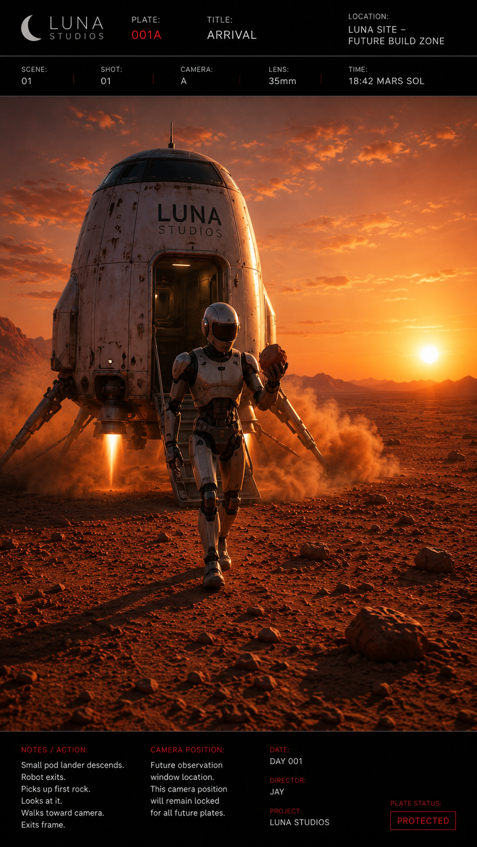 Astronaut in a spacesuit walking away from a spacecraft on Mars at sunset, with a rocky landscape and orange sky.