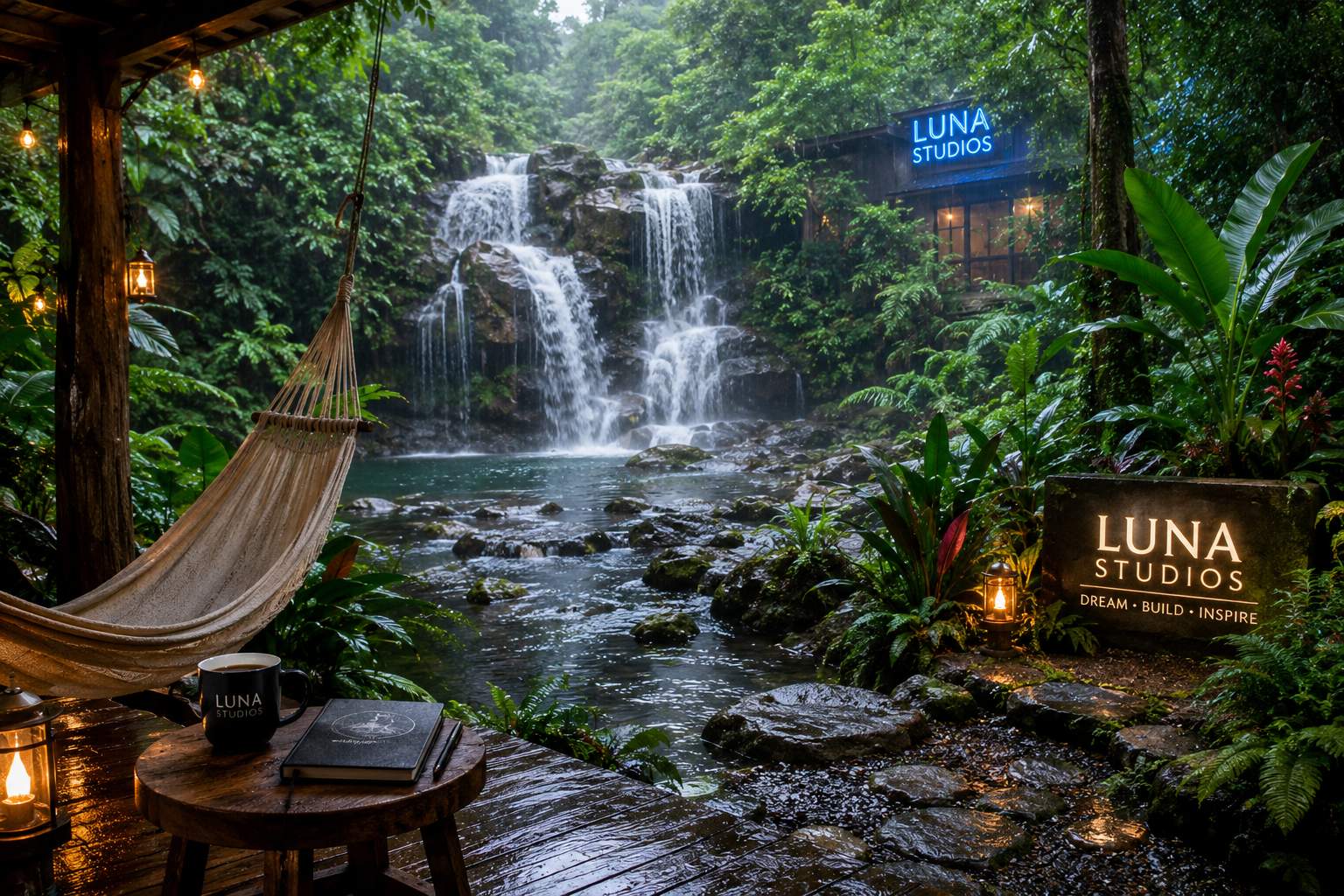 Lush jungle scene with a waterfall, a hammock, a wooden table with a coffee mug and notebook, and signs reading "LUNA STUDIOS" and "DREAM, BUILD, INSPIRE".