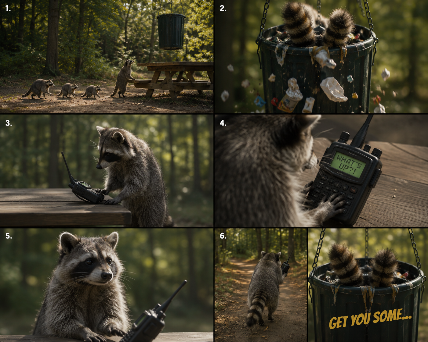 A raccoon at a picnic table uses a walkie-talkie, with a raccoon in a trash can and multiple raccoons with trash, and a small raccoon with a walkie-talkie.