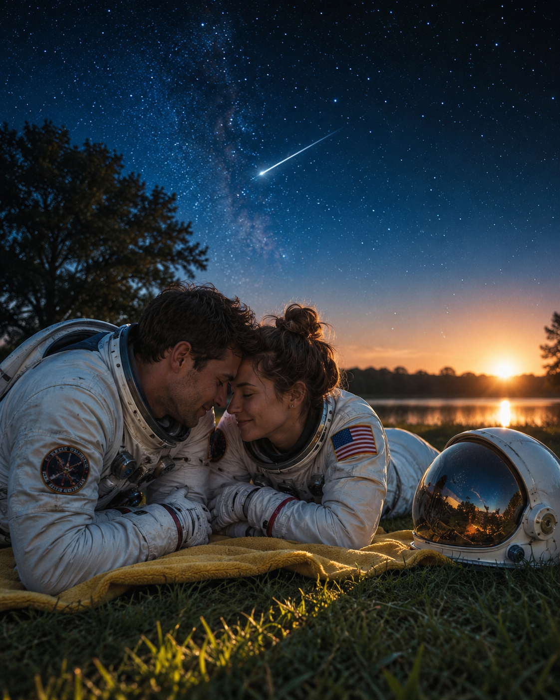 Two astronauts in space suits lying face to face on a blanket near a lake at sunset, with a starry night sky and a bright shooting star above.