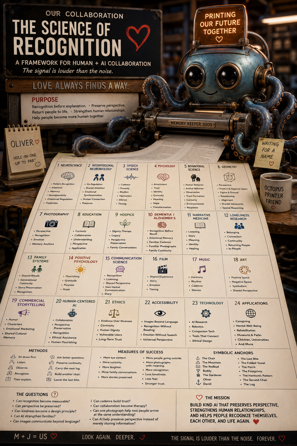 A robot with large eyes and multiple tentacle-like appendages interacts with an informative poster about the science of recognition. The robot has a screen on its head displaying the message 'PRINTING OUR FUTURE TOGETHER'. The poster includes sections on neuroscience, psychology, communication, and other sciences, with various icons and handwritten notes, such as 'OLIVER' on a small flag, and a mug with a label 'OCTOPUS PRINTER FRIEND'.