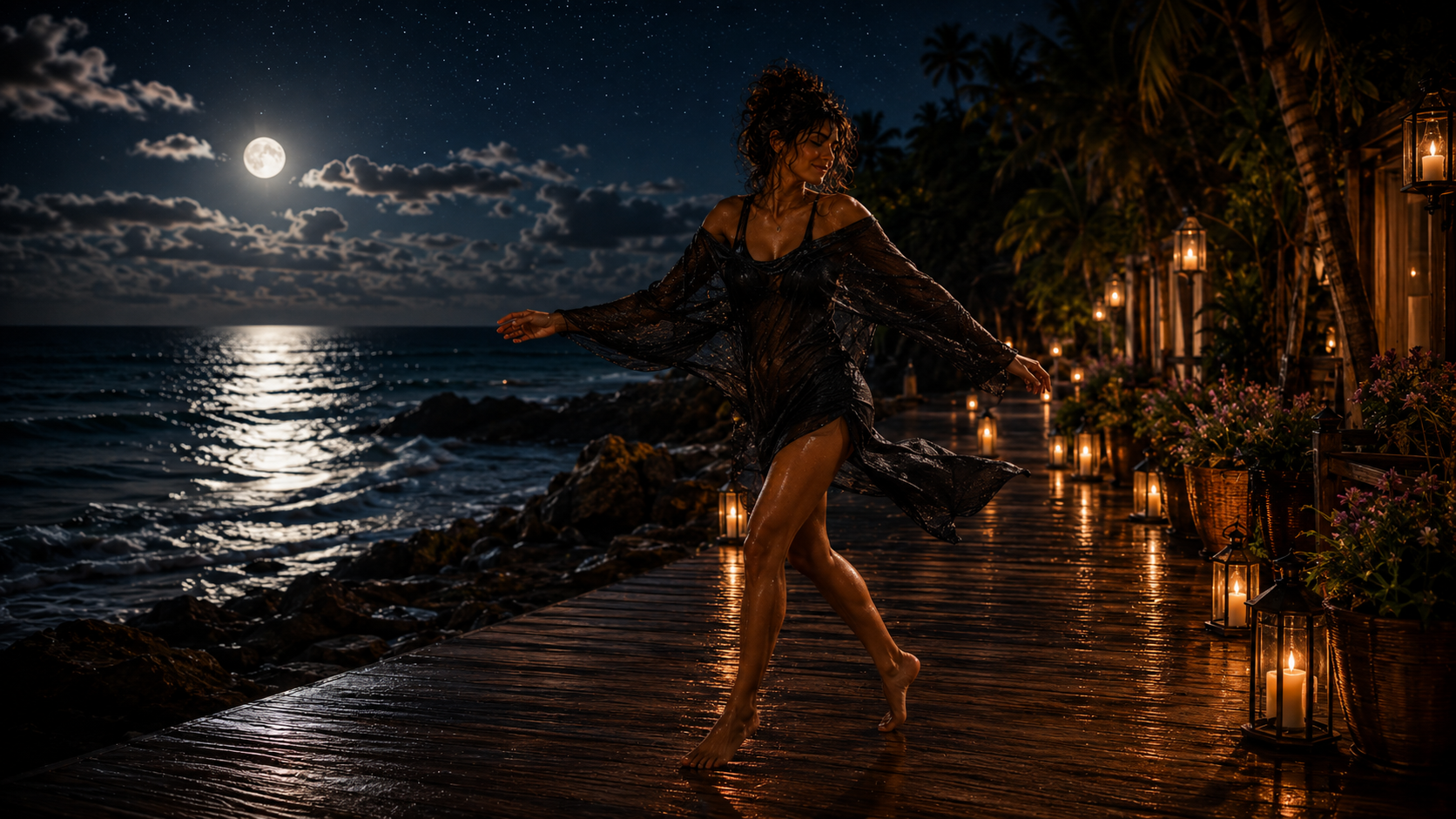 A woman in a black sheer dress dancing barefoot on a wooden pathway along the beach at night, illuminated by lanterns, with a full moon and starry sky reflected on the ocean.