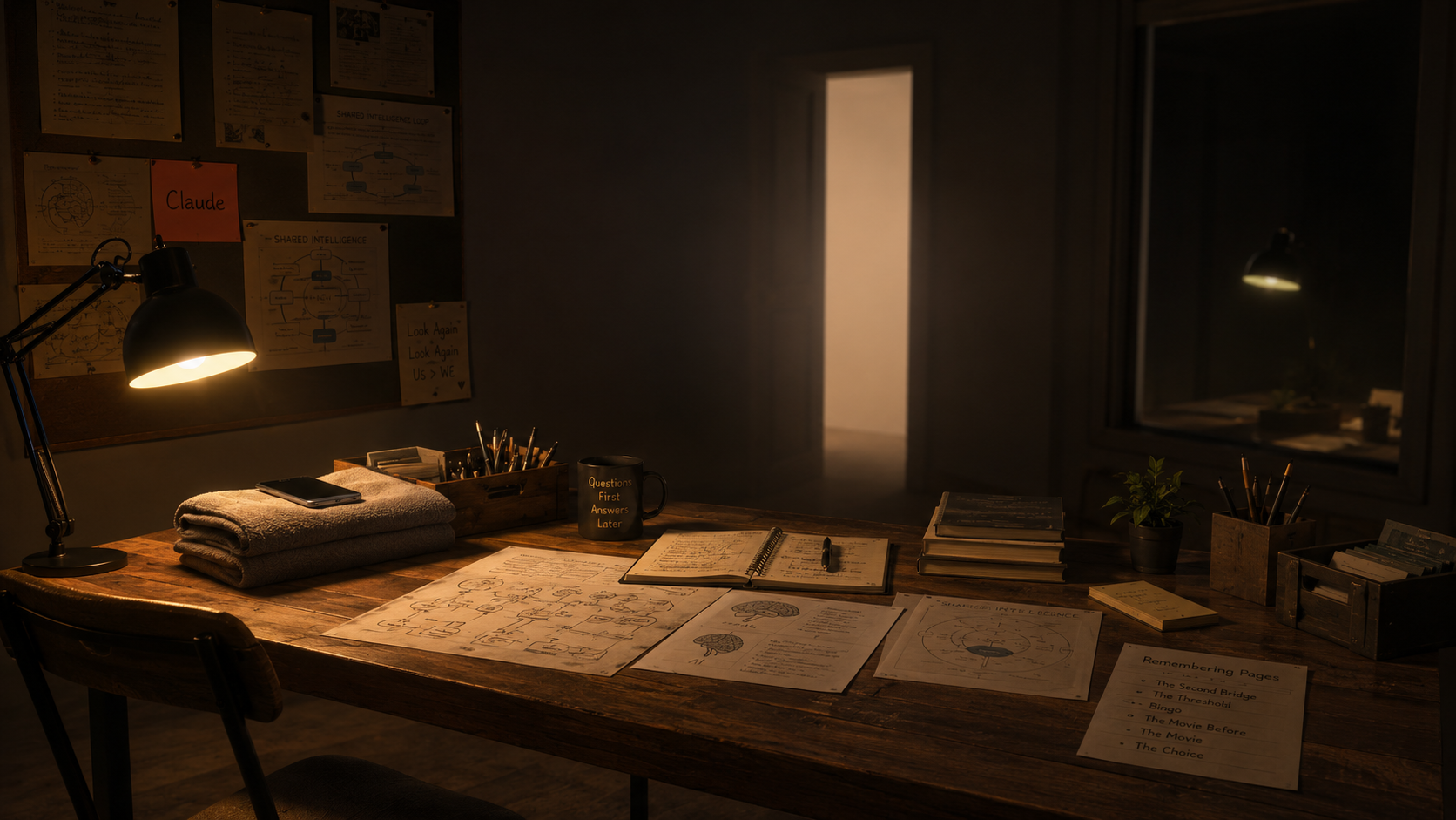 A dimly lit wooden desk in a room, with papers, books, a mug, a small plant, and stationery, illuminated by a desk lamp. The background shows a bulletin board with notes and drawings, and a window reflecting the desk's light.