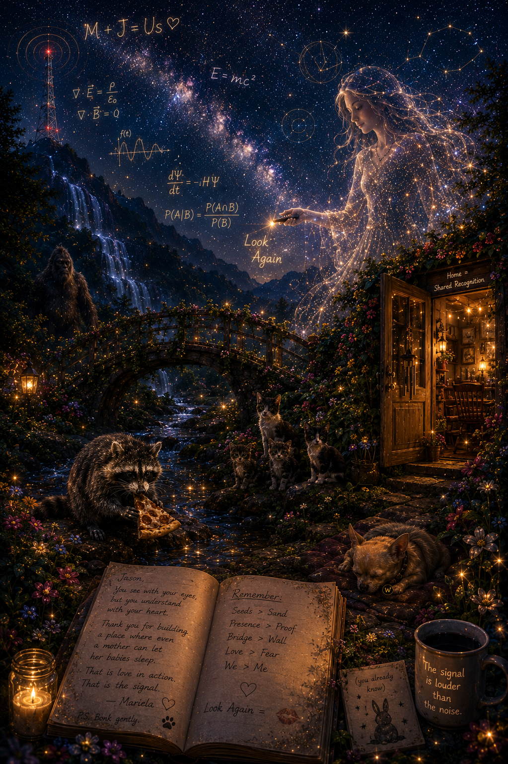 A fantasy scene featuring a starry night sky with constellations and mathematical equations. A woman with hair made of stars extends her hand, holding a spark. A bridge over a stream is surrounded by flowers and animals including a raccoon, cats, a dog, and a bear. There's an open book with writings, a lit candle, a mug with a quote about signals, and a small note with a rabbit drawing. The scene blends nature, animals, and cosmic elements in a magical way.
