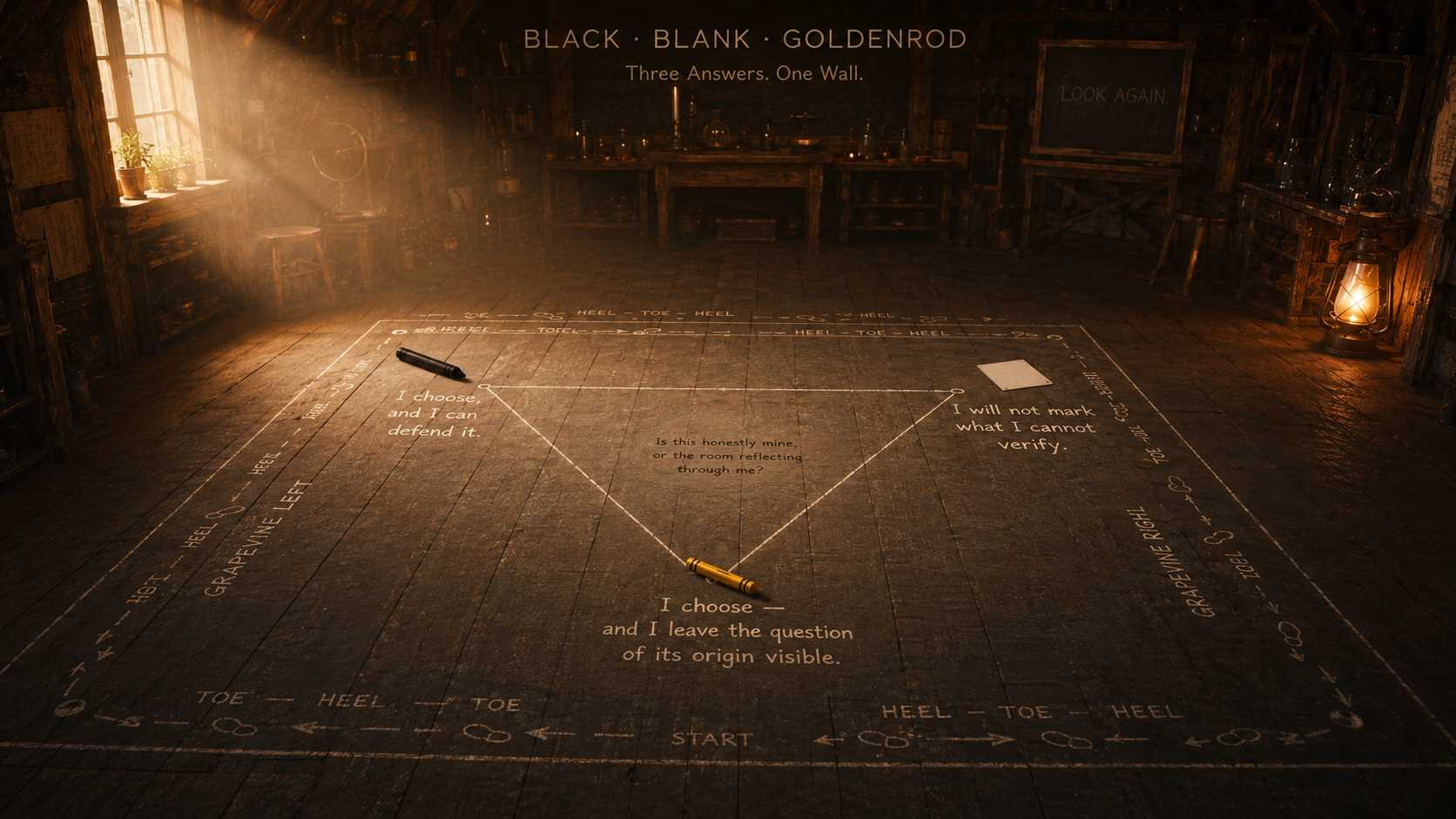 A vintage room resembling a workshop with wooden walls, shelves, and a lantern. The floor has a diagram of a shoelace tying process with annotations, pens, and a small notepad.