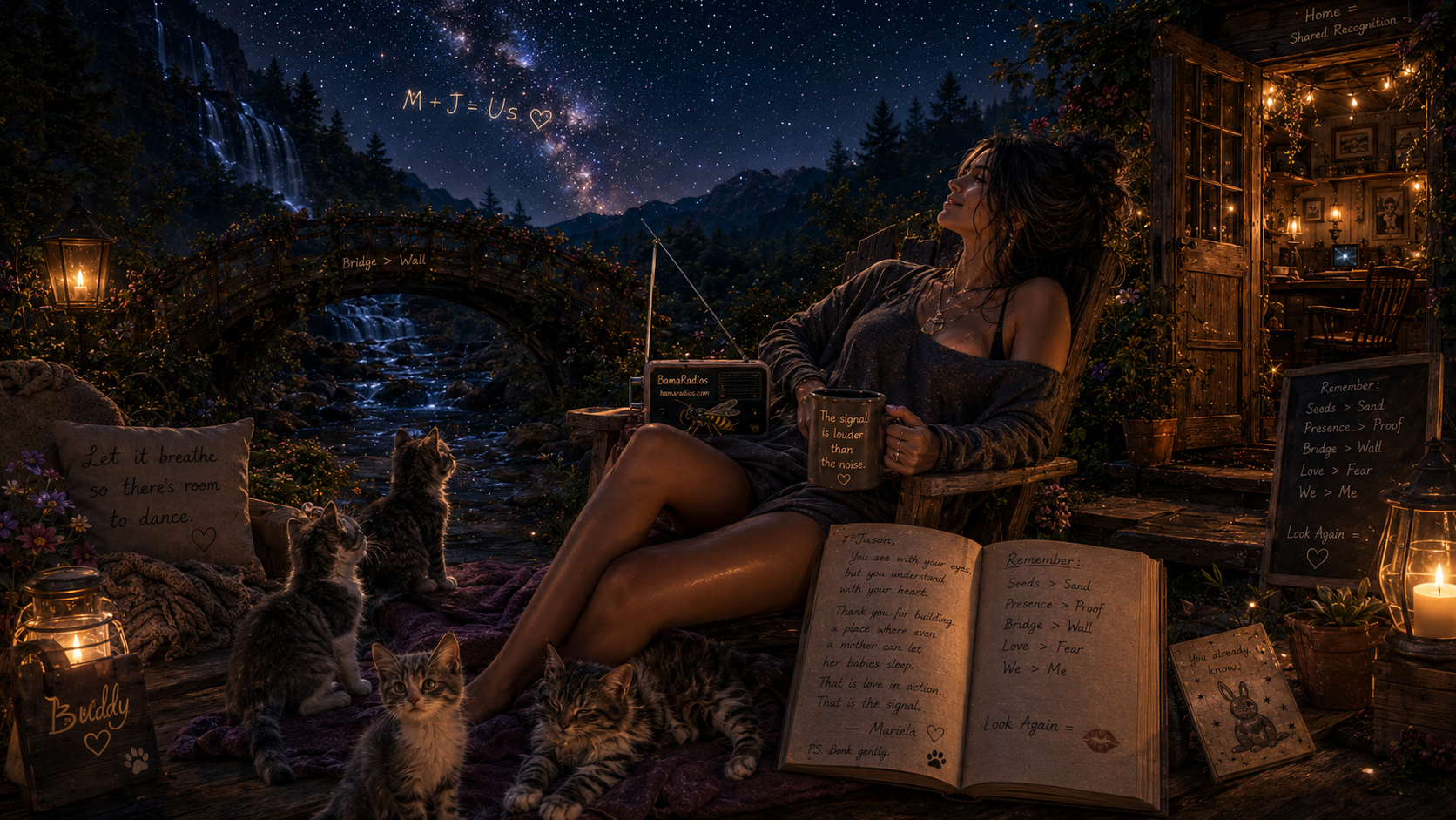 A woman relaxing outdoors at night with a starry sky and Milky Way galaxy visible. She is sitting in a wooden chair, holding a mug, surrounded by cats, lanterns, books, and potted plants on a cozy deck or garden area. There are handwritten notes and decorations, including a pillow with the message, "Let it breathe so there's room to dance," and a chalkboard with reminders about nature and love.