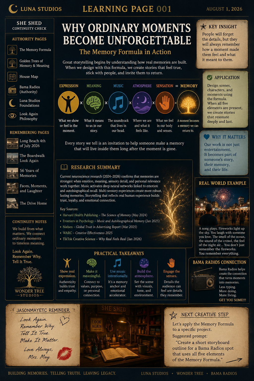 A detailed educational infographic titled 'Why Ordinary Moments Become Unforgettable' explaining the Memory Formula in storytelling. It includes sections on expression, meaning, music, atmosphere, sensation, and their connection to memory, along with research summary, practical tips, and examples. The image shows a person watching fireworks at night with buildings and a crowd, illuminated by colorful sparks. A sidebar lists chapters and resources, and there is a photo of a cozy workspace with a lit lamp, books, and a mug.