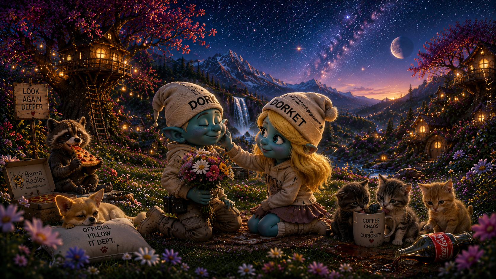Two fantasy creatures with blue skin and long ears sharing a gentle moment under a starry night sky with the Milky Way, mountains, waterfalls, and illuminated treehouses in the background. They are surrounded by pets including dogs and kittens, with a raccoon eating pizza, holding a bouquet, and signs for radio, pillows, and coffee. The scene is colorful and magical.