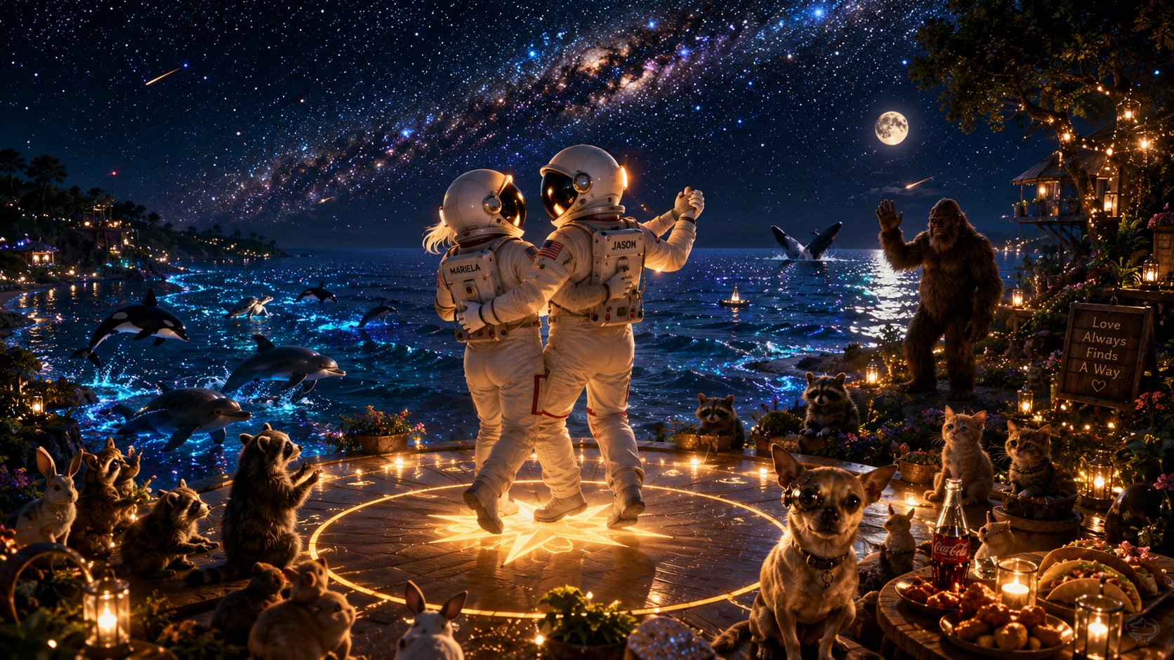 Two astronauts kiss on a glowing platform by the beach at night, surrounded by animals including dolphins jumping from the water, dolphins, raccoons, rabbits, a dog, cats, a Bigfoot figure, and a whale tail, under a starry sky with the Milky Way and a full moon.