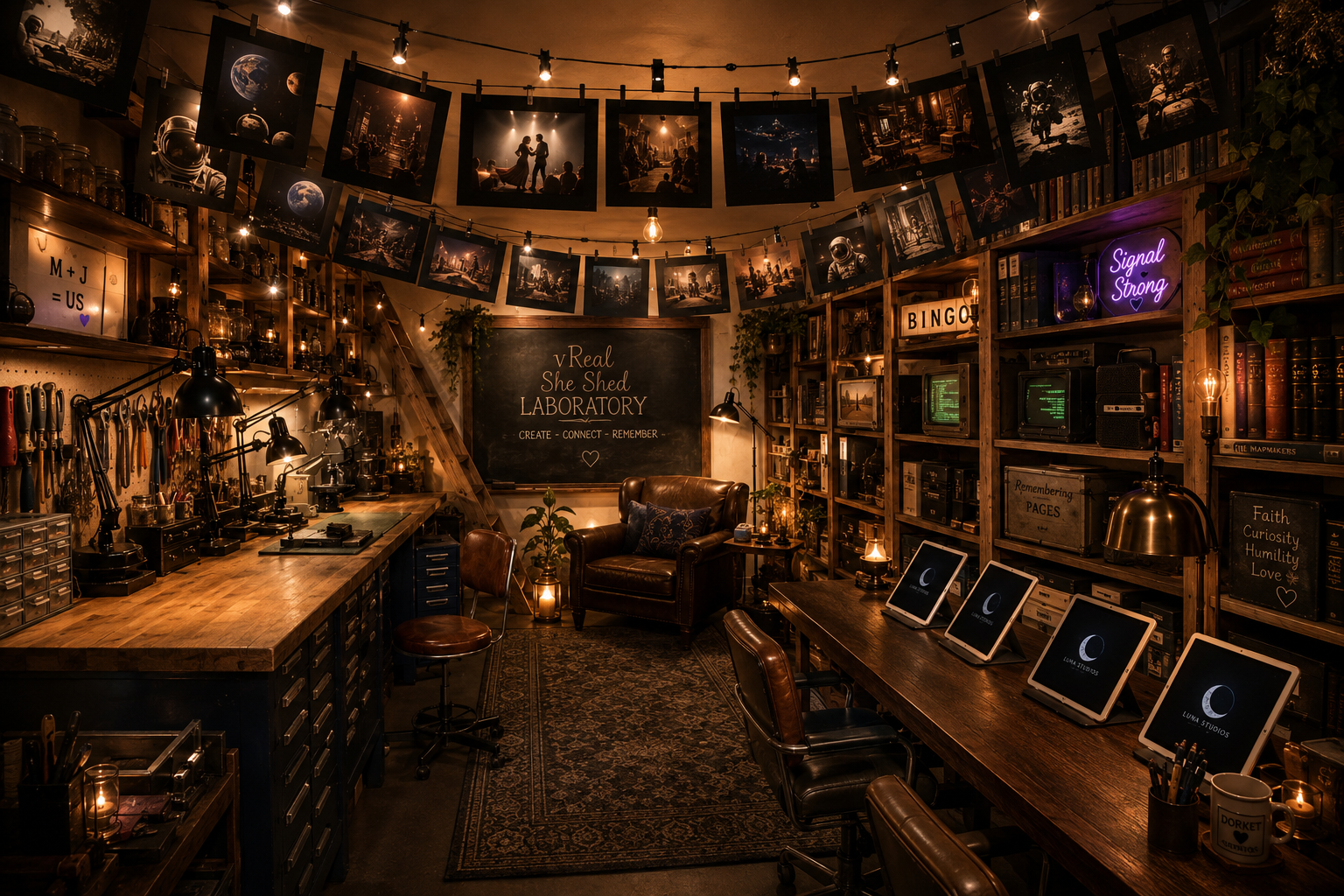 A cozy, dimly lit laboratory decorated with photographs hanging from a string, bookshelves filled with books and vintage electronics, and a chalkboard labeled 'vReal She Shed Laboratory' with the words 'Create, Connect, Remember.' The room has a large wooden worktable, leather chairs, and various lamps creating a warm atmosphere.