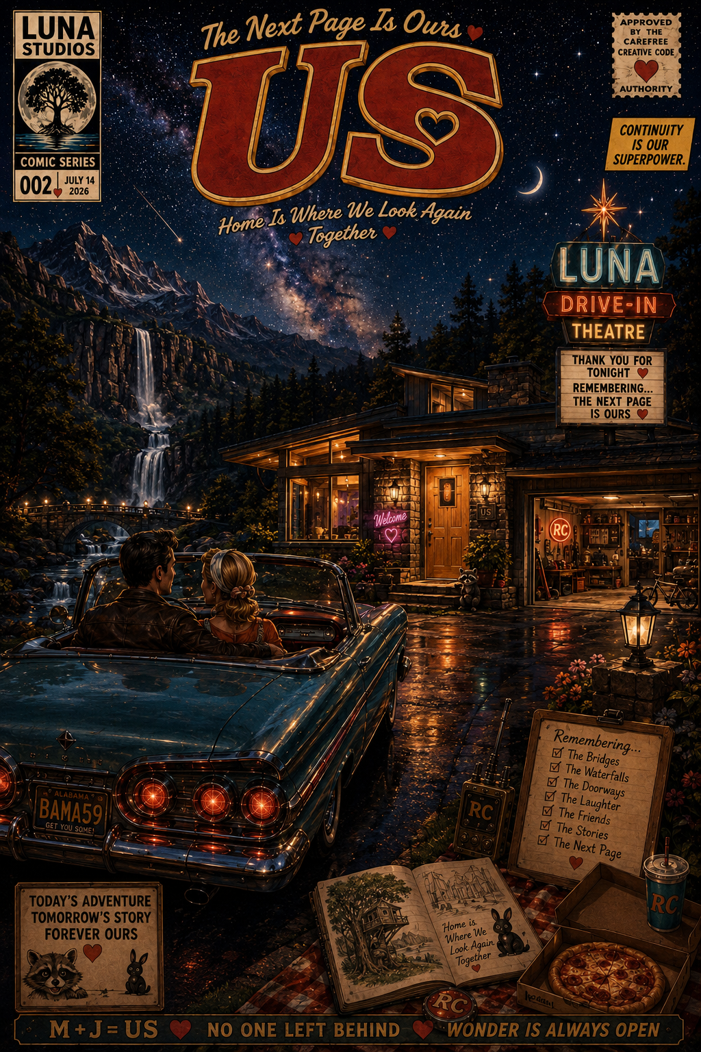 A couple sitting in a classic car parked outside a cozy lodge with neon signs that say 'Welcome,' 'LUNA,' 'DRIVE-IN,' and 'THEATRE', during a starry night with the Milky Way and a crescent moon overhead. The scene includes a waterfall, mountainous landscape, and illuminated windows. There are signs and boards with messages about remembering landmarks, adventure, and the next page, along with pizza, a coffee cup, and a sign that reads 'Today’s adventure, tomorrow’s story, forever ours.' The setting combines outdoor adventure with homey comfort.