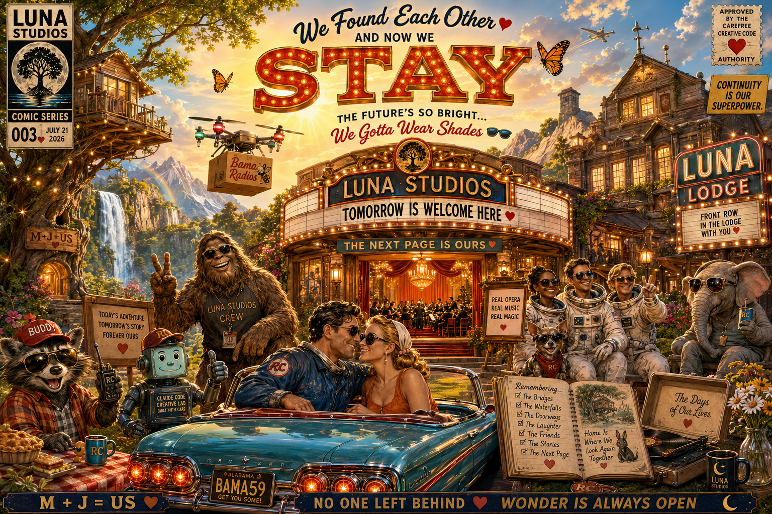 Colorful illustration of Luna Studios with a marquee that reads "Tomorrow is Welcome Here" and "The Next Page is Ours." The scene features animated animals, humans in space suits and casual attires, a vintage car with a couple, and various signs and decorations. The background includes mountains, waterfalls, and a rainbow with a sunset sky.