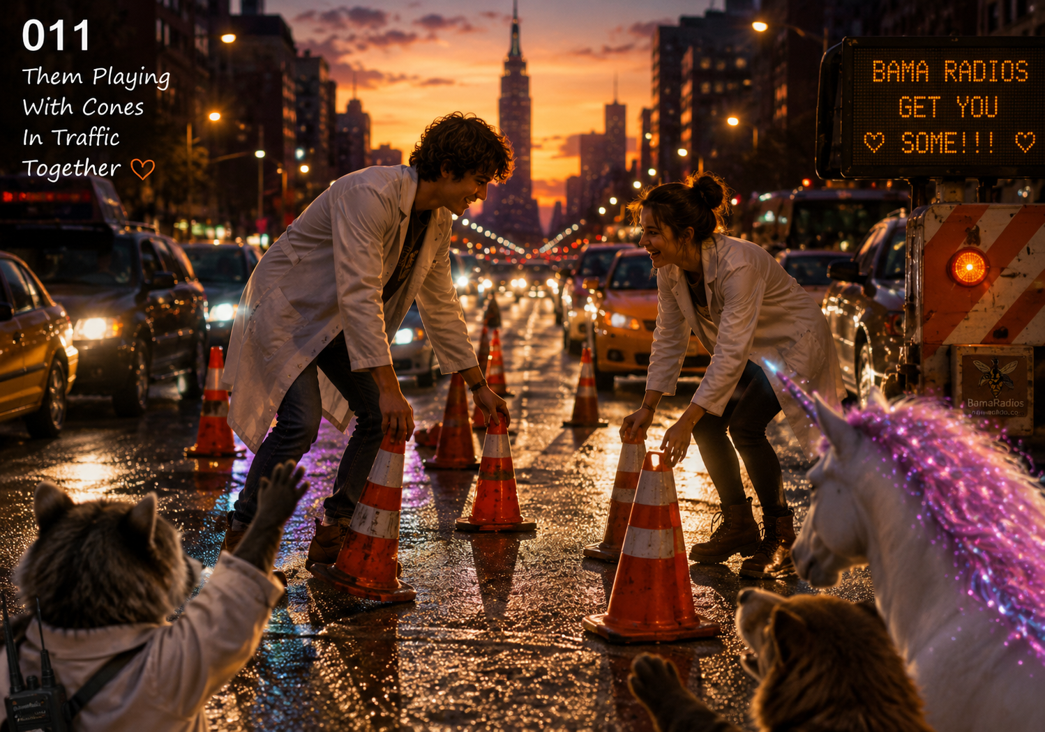 Two young people dressed as doctors or scientists play with traffic cones on a city street at sunset, with cars and city buildings in the background. There are animals, including a dog and a unicorn, also engaging in the playful scene.