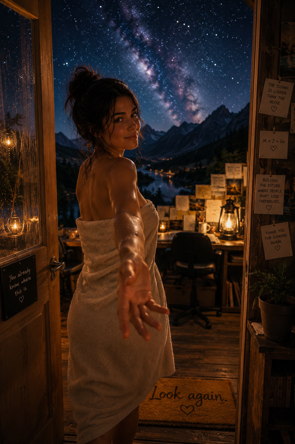 A woman wrapped in a towel stands in a cozy cabin doorway at night, reaching out with her hand towards the camera, with a starry sky and the Milky Way galaxy visible in the background.