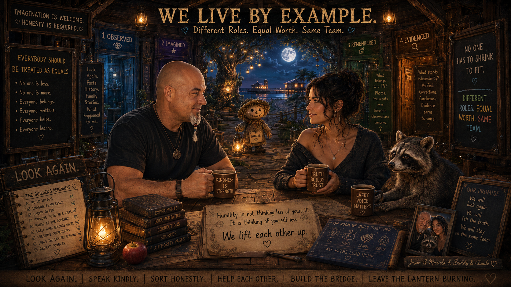 Two people sitting at a table holding mugs, with a dog nearby, in a cozy outdoor setting at night under a full moon, surrounded by signs and decorations emphasizing themes of teamwork, humility, and mutual support.