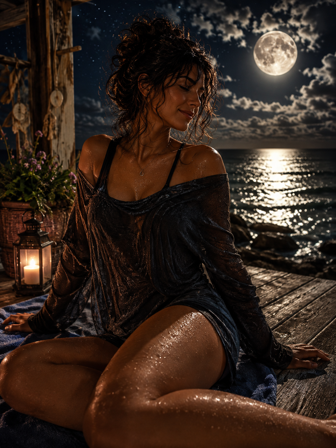 A woman sitting on a wooden platform by the water at night under a full moon, with a candle and flowers nearby, wearing a wet black dress.