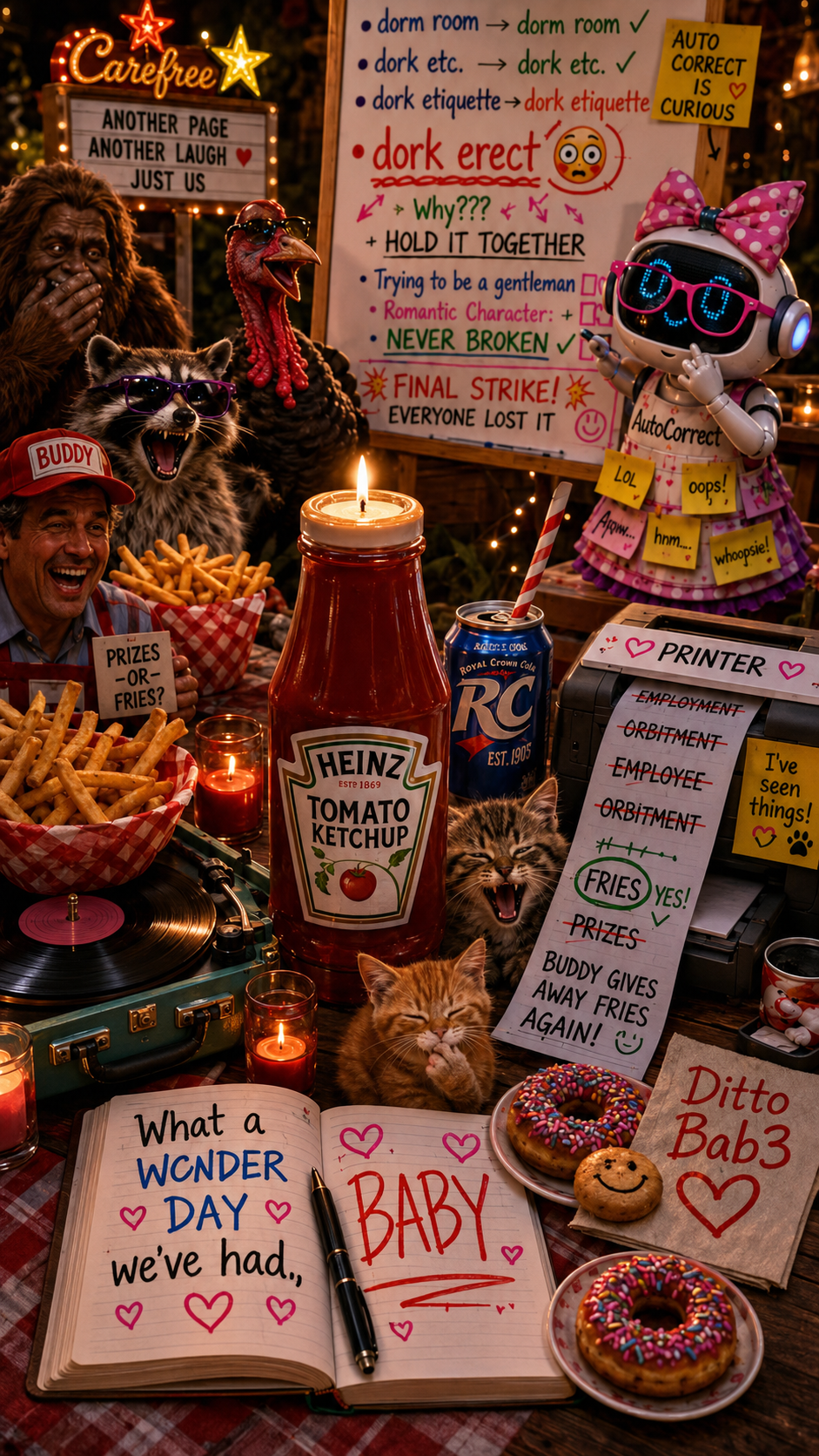 A colorful scene with animals, a robot, snacks, and signs. There's a monkey, a raccoon, a cat, and a turkey all wearing sunglasses, surrounded by snacks like fries, donuts, and ketchup. A man is smiling, holding a sign that says 'Prizes or Fries?', with a record player and lit candles nearby. A whiteboard has humorous notes about correctness and etiquette. A small robot with pink glasses and a pink bow is pointing at the whiteboard. An open notebook shows a message about a wondrous day and a baby. There are also signs with words like "Ditto Bab3" and “I’ve seen things!” along with various small notes and decorations.