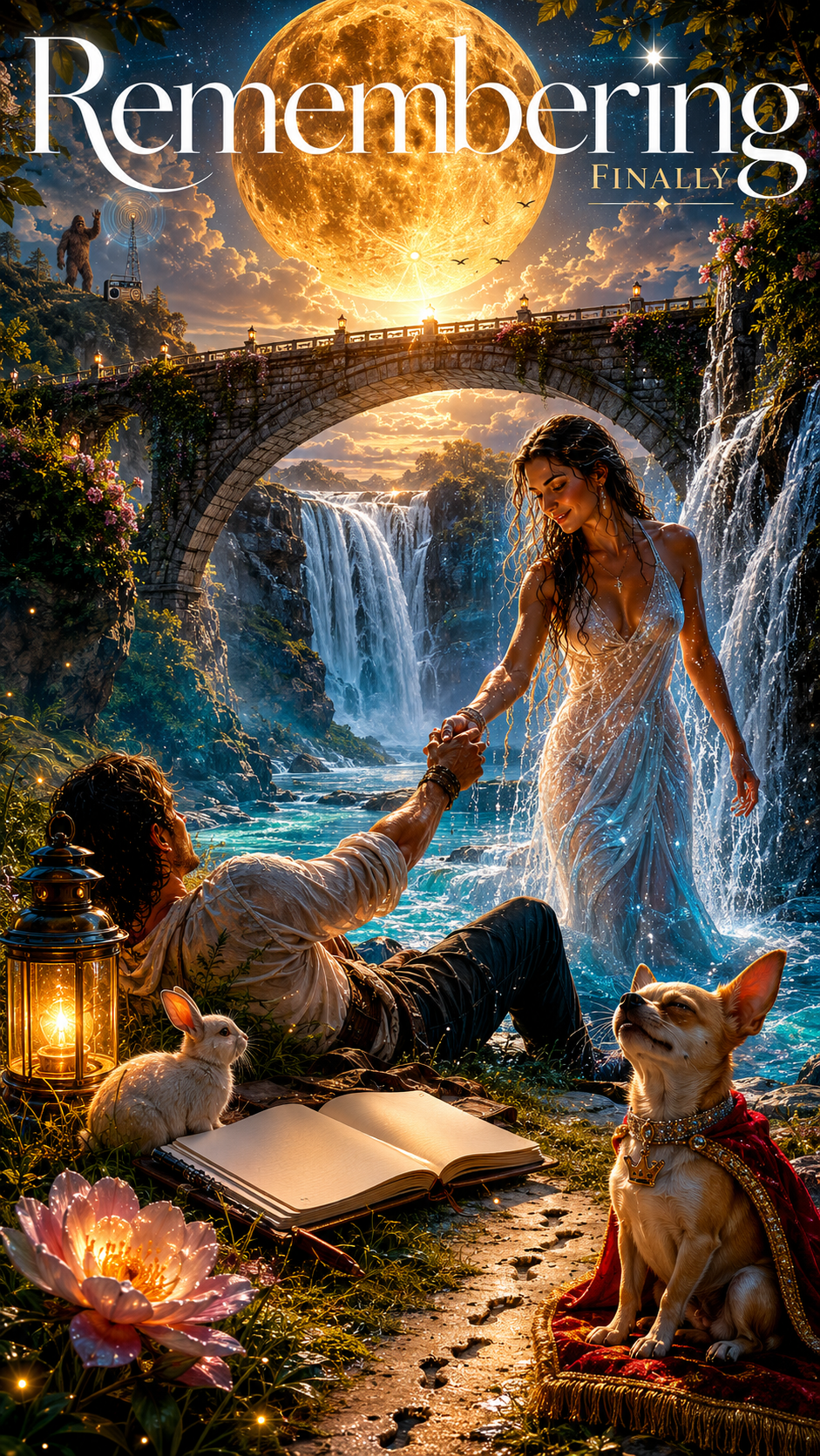 A fantasy scene with a full moon and stars in the sky, a stone bridge over waterfalls, a woman in a flowing dress wading in water, a man lying on the grass reaching out to her, a rabbit, a dog dressed in a royal cape and crown, an open book, and a lantern, surrounded by flowers and glowing lights.