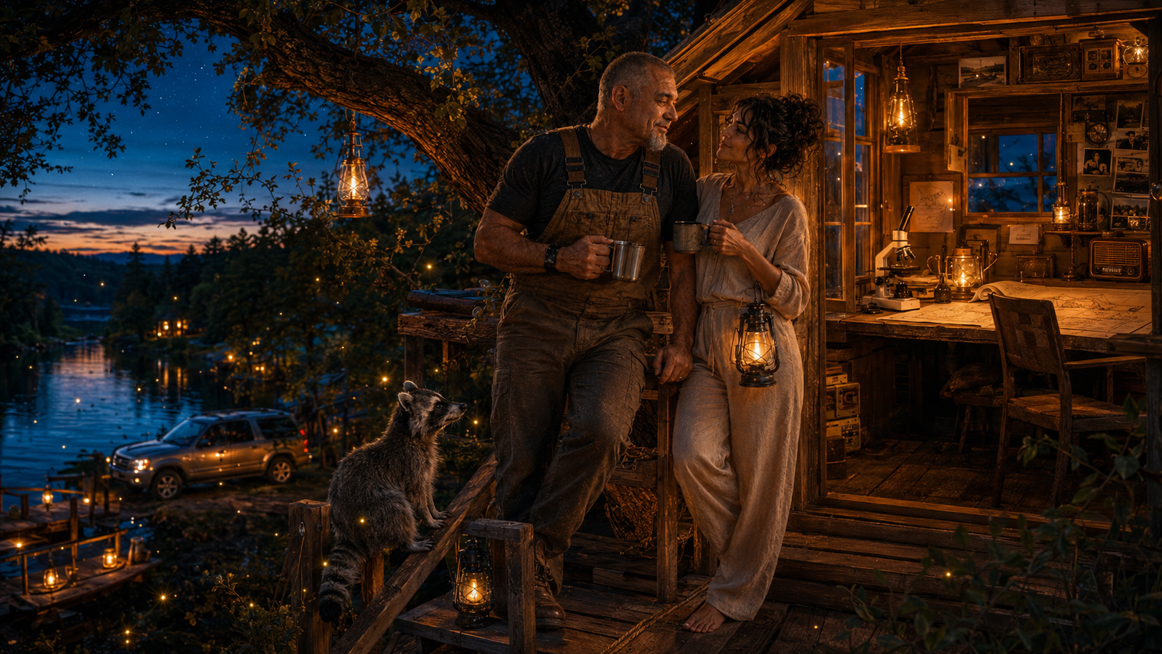 A man and a woman standing on the porch of a treehouse, holding coffee mugs and gazing at each other during dusk. A raccoon is sitting on the steps, and a river is visible in the background. The treehouse is warmly lit with lanterns and decorated with photos and vintage items.