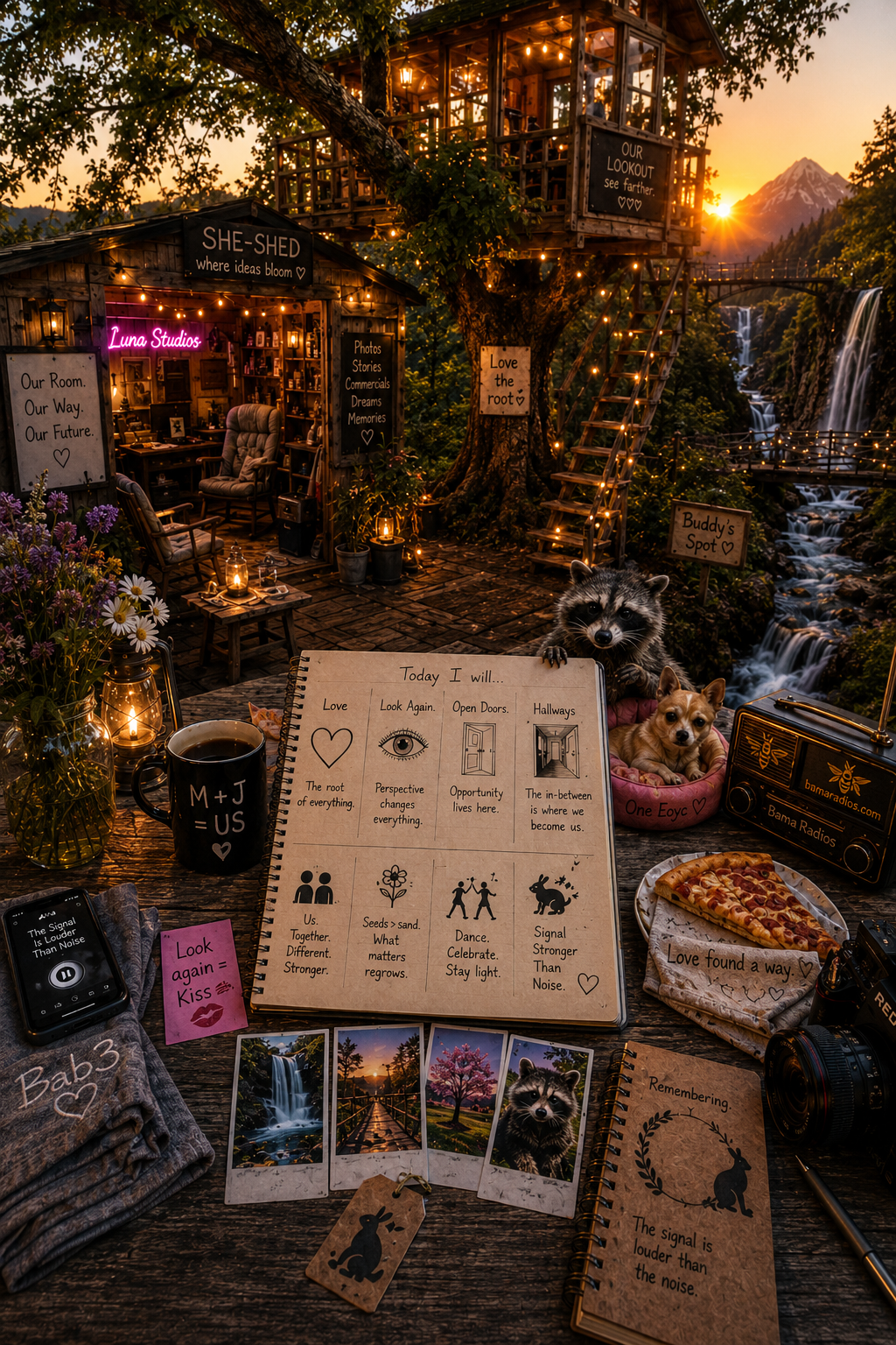 A cozy outdoor scene at sunset featuring a wooden treehouse decorated with string lights, surrounded by nature and a waterfall in the background. A table setup includes a coffee mug, a plate of pizza, flowers, and various decorated notebooks with inspirational messages. An adorable raccoon and a dog are sitting in a pink bed, and there are several photos and small signs with motivational phrases.