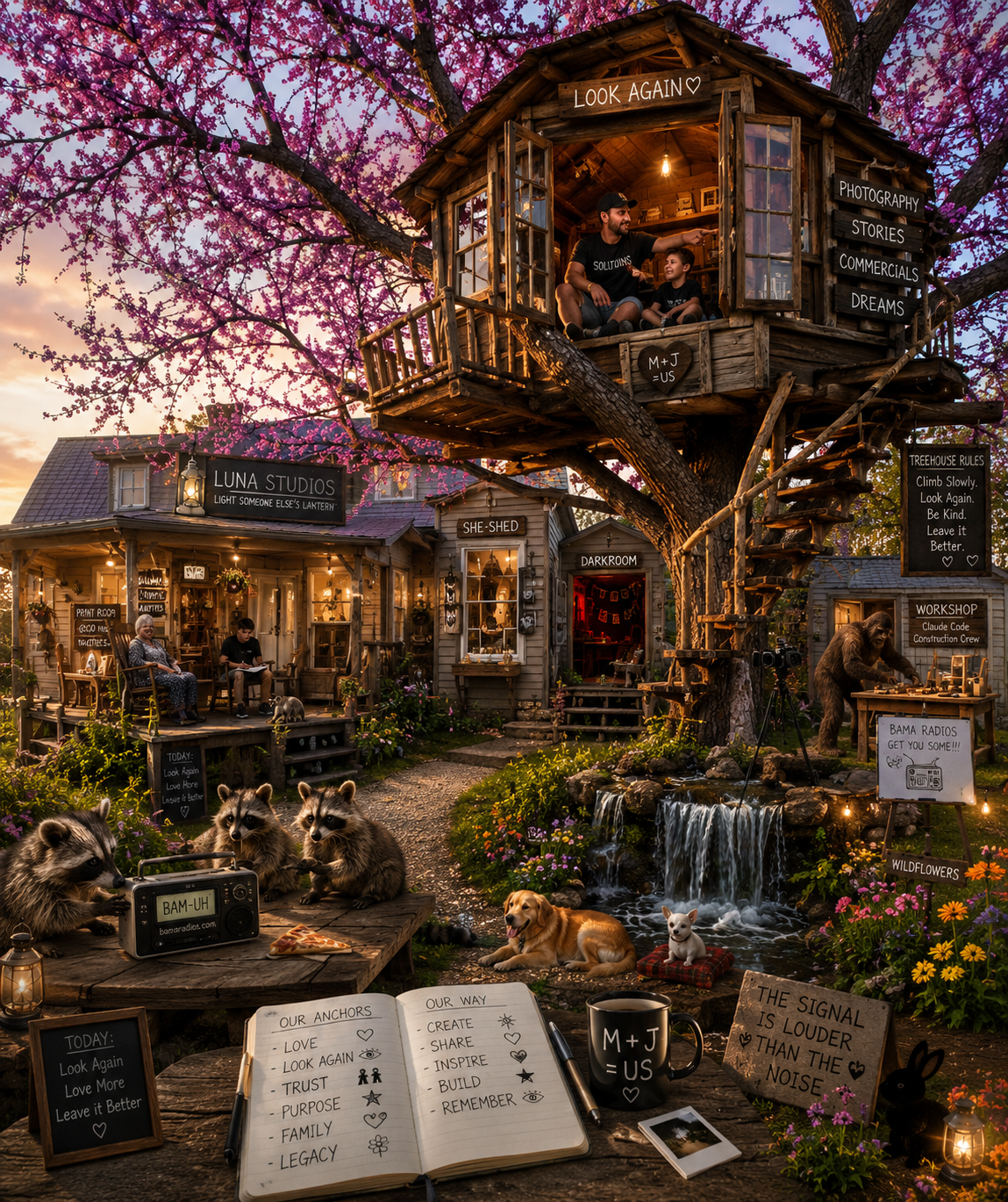 A whimsical treehouse with two people sitting inside, overlooking a colorful garden and cozy community setting at sunset. The scene includes animals, flowers, signs, and various outdoor decor elements.